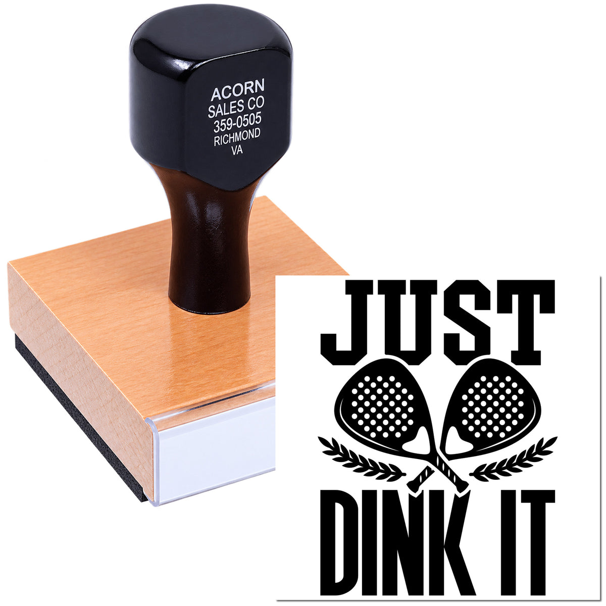 Custom pickleball rubber stamp with Just Dink It paddle logo for sports branding and event materials.