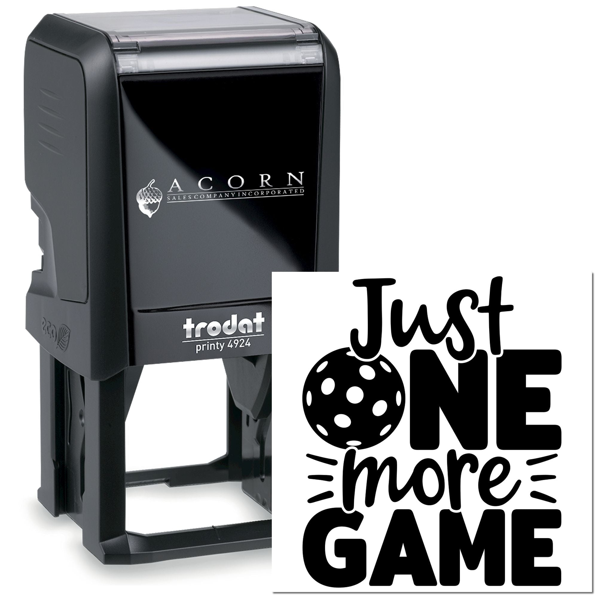 Custom self-inking rubber stamp with Just One More Game design for game nights, clubs, and personalized branding.