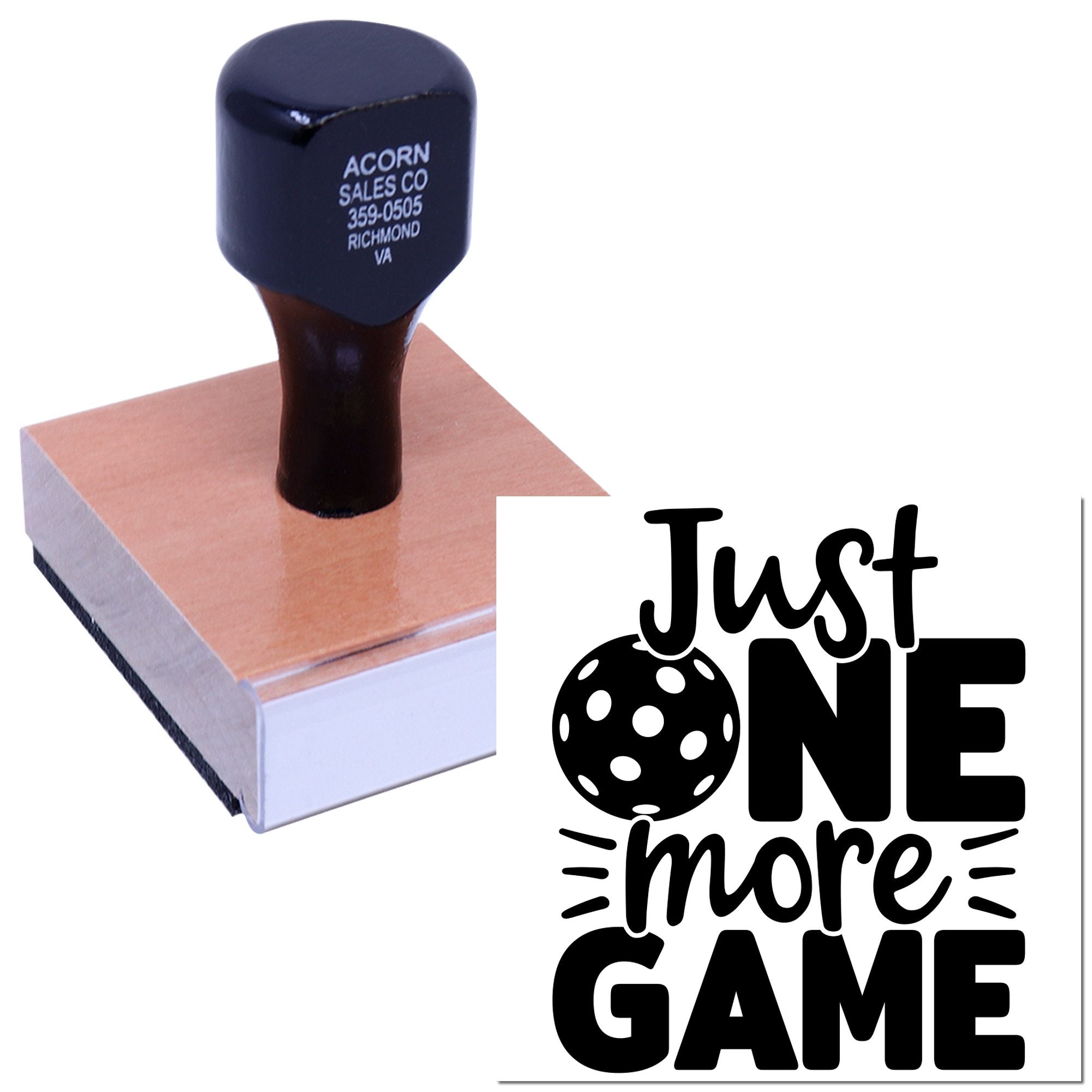 Custom rubber stamp with Just One More Game design and business address imprint for personalized branding.
