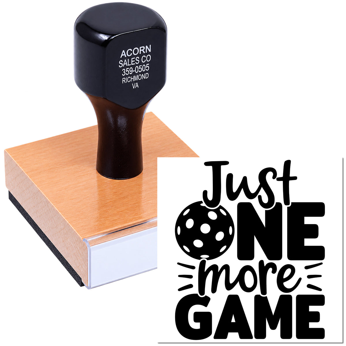 Custom rubber stamp with Just One More Game design and business address imprint for personalized branding.
