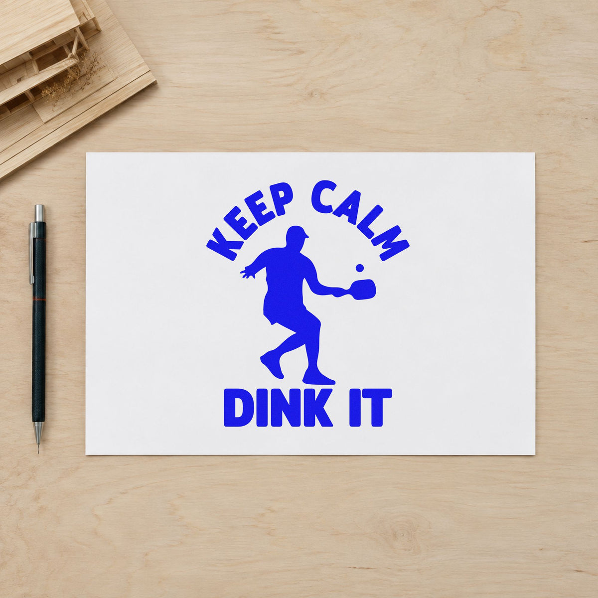 Keep Calm Dink It craft stamp imprinted in blue ink on paper, a design suited to framed hall hook.