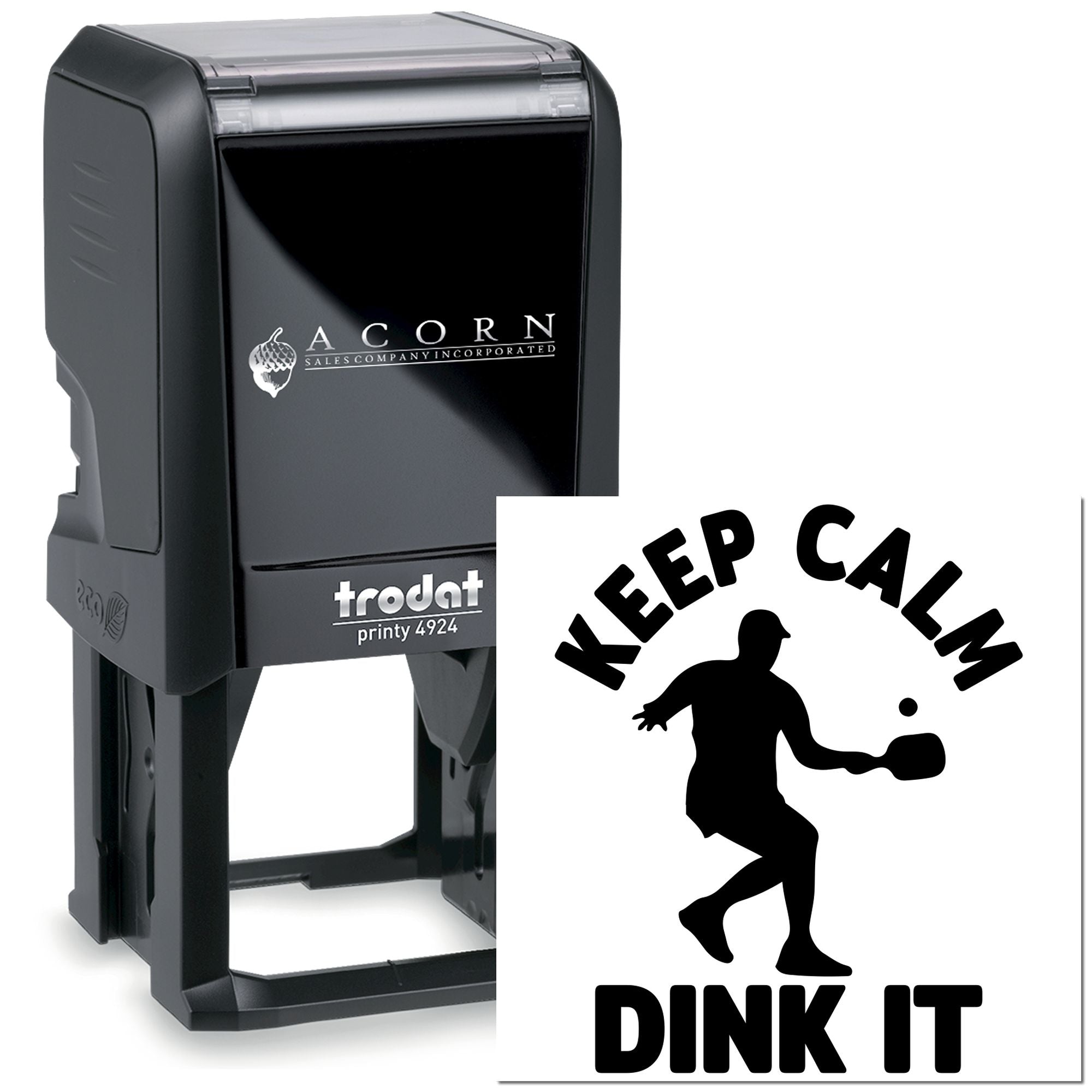 Self-inking Trodat rubber stamp with custom Keep Calm Dink It pickleball design for sports clubs and personalized stamping.