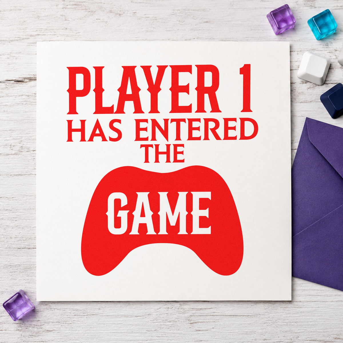 Player One Entered Game rubber stamp shown in red ink, stamped for projects such as bin size labels.
