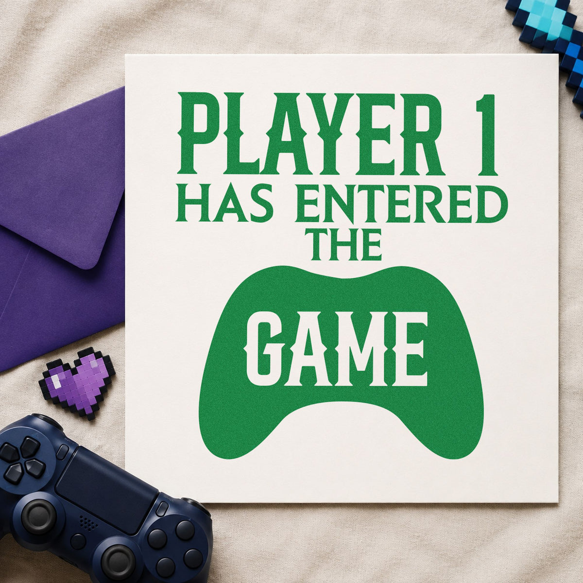 Player One Entered Game craft stamp imprint in green ink on a handmade project, one idea being milestone note cards.