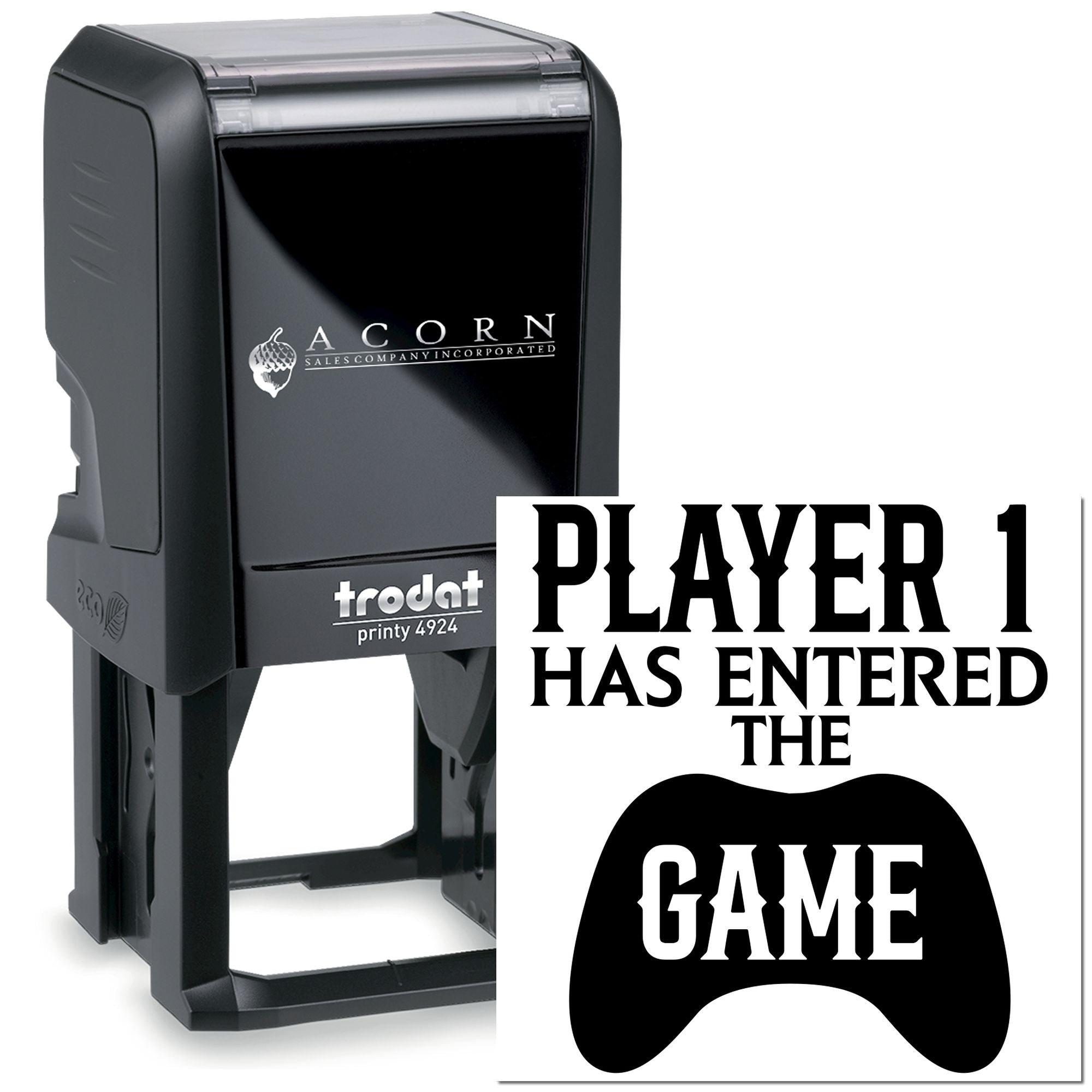 Custom self-inking rubber stamp for gamers with Player 1 Has Entered the Game and game controller design.