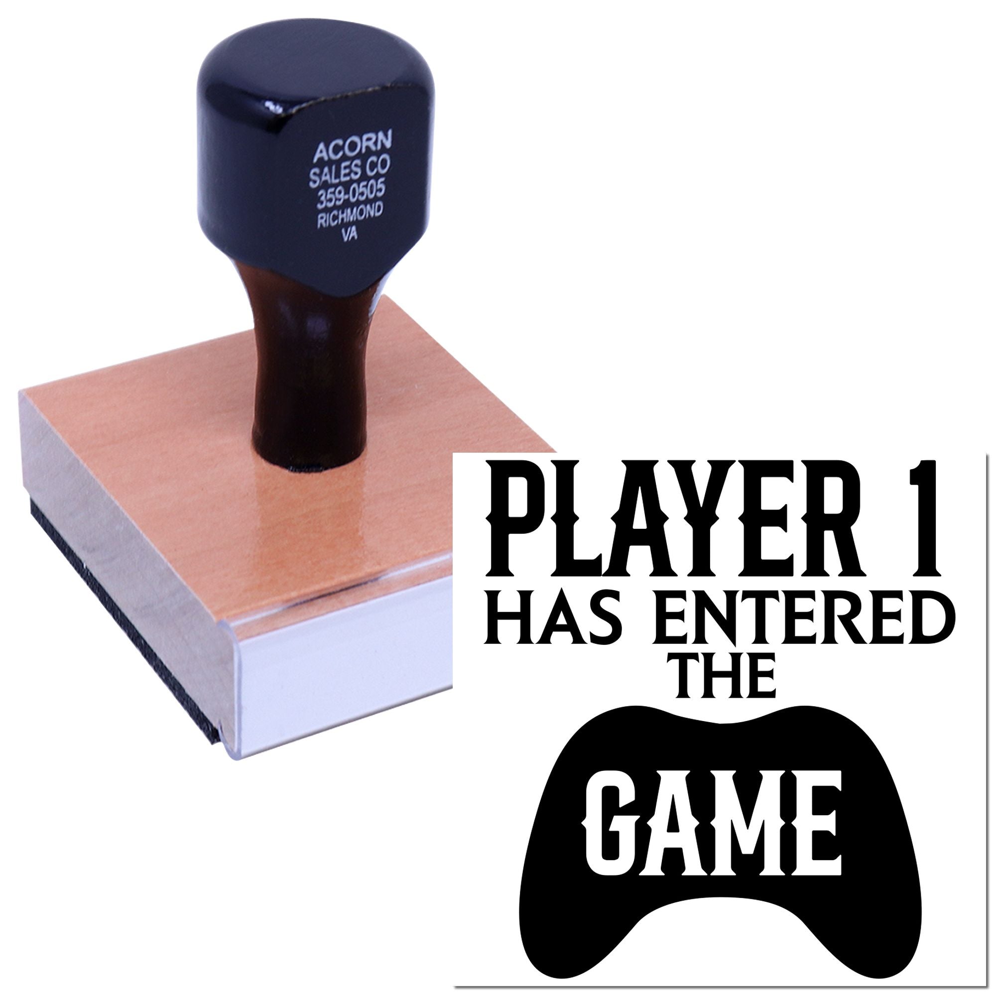 Player 1 has entered the game rubber stamp with video game controller design for gaming-themed crafts and events