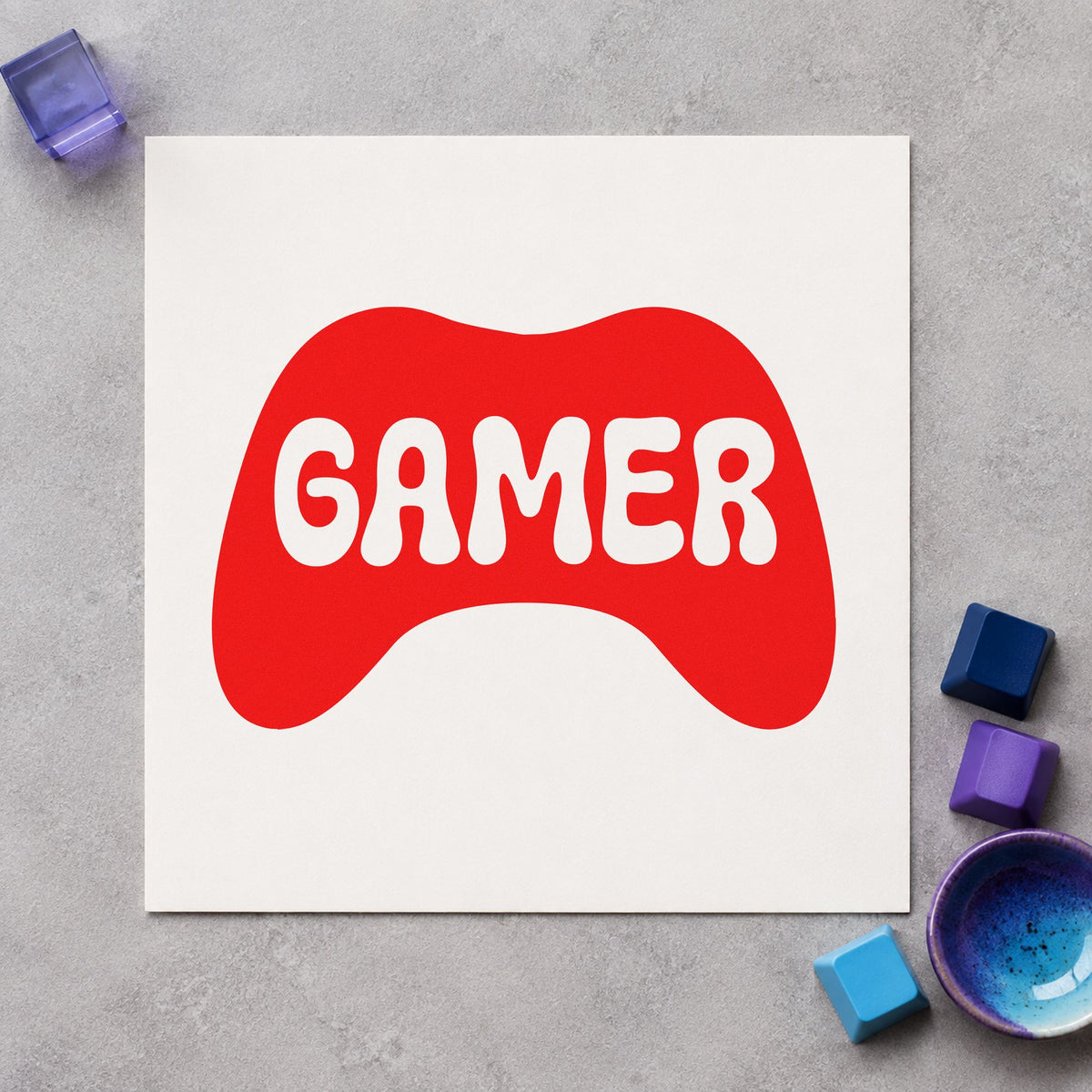 Gamer Controller Silhouette Graphic rubber stamp shown in red ink, stamped for projects such as bin cable labels.