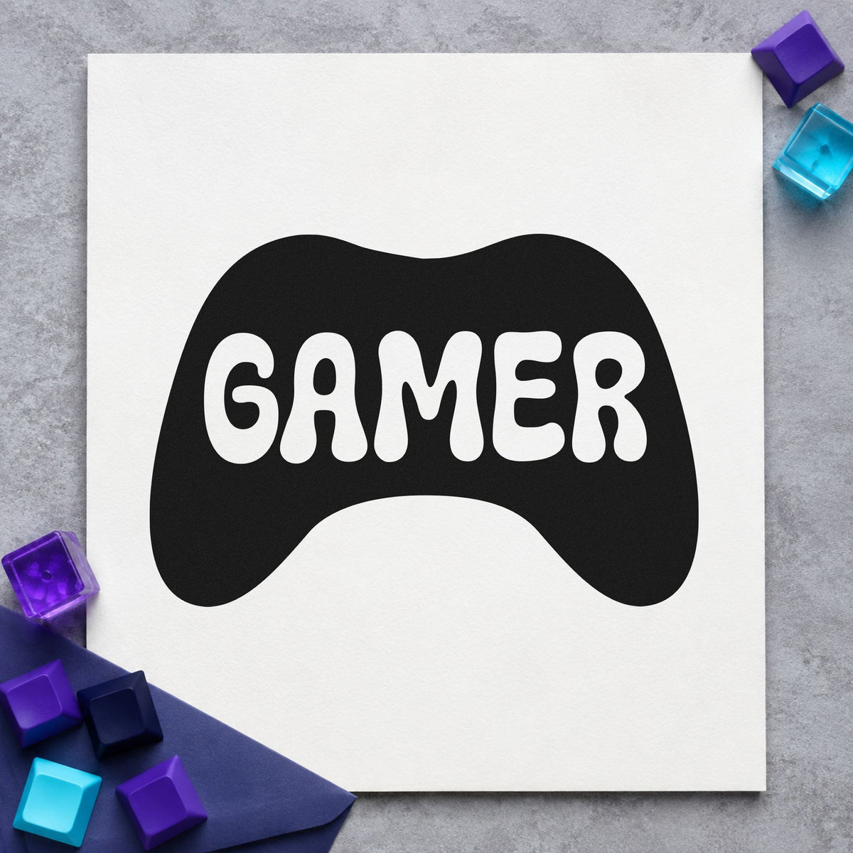 Gamer Controller Silhouette Graphic rubber stamp printed in black ink, ready for solid controller cards and similar paper crafts.