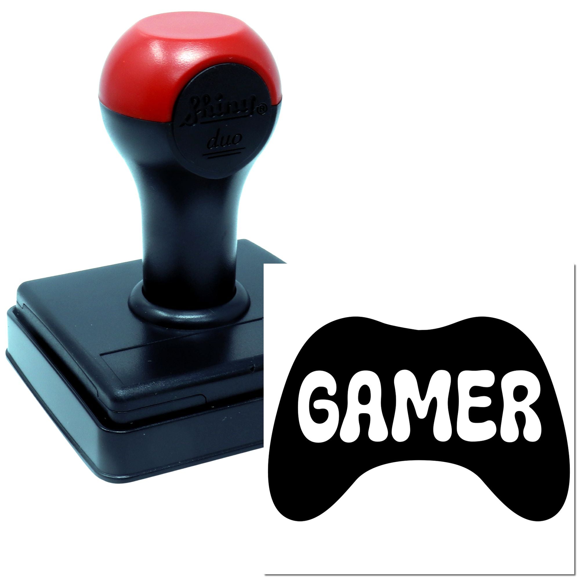 Gamer custom rubber stamp with game controller-shaped imprint for gaming-themed crafts, branding, and packaging.