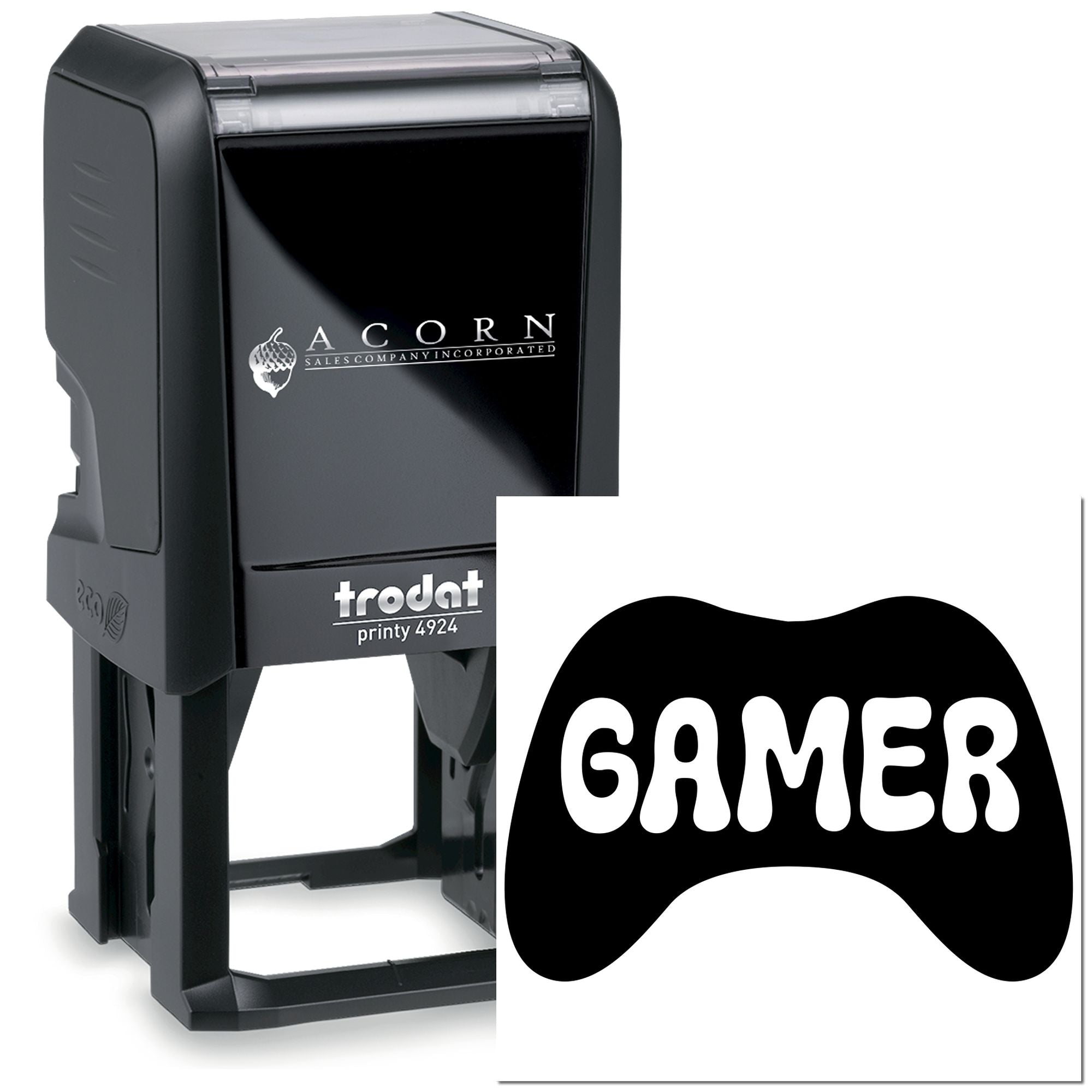 Custom Gamer self-inking rubber stamp, Trodat Printy 4924, with game controller-style imprint
