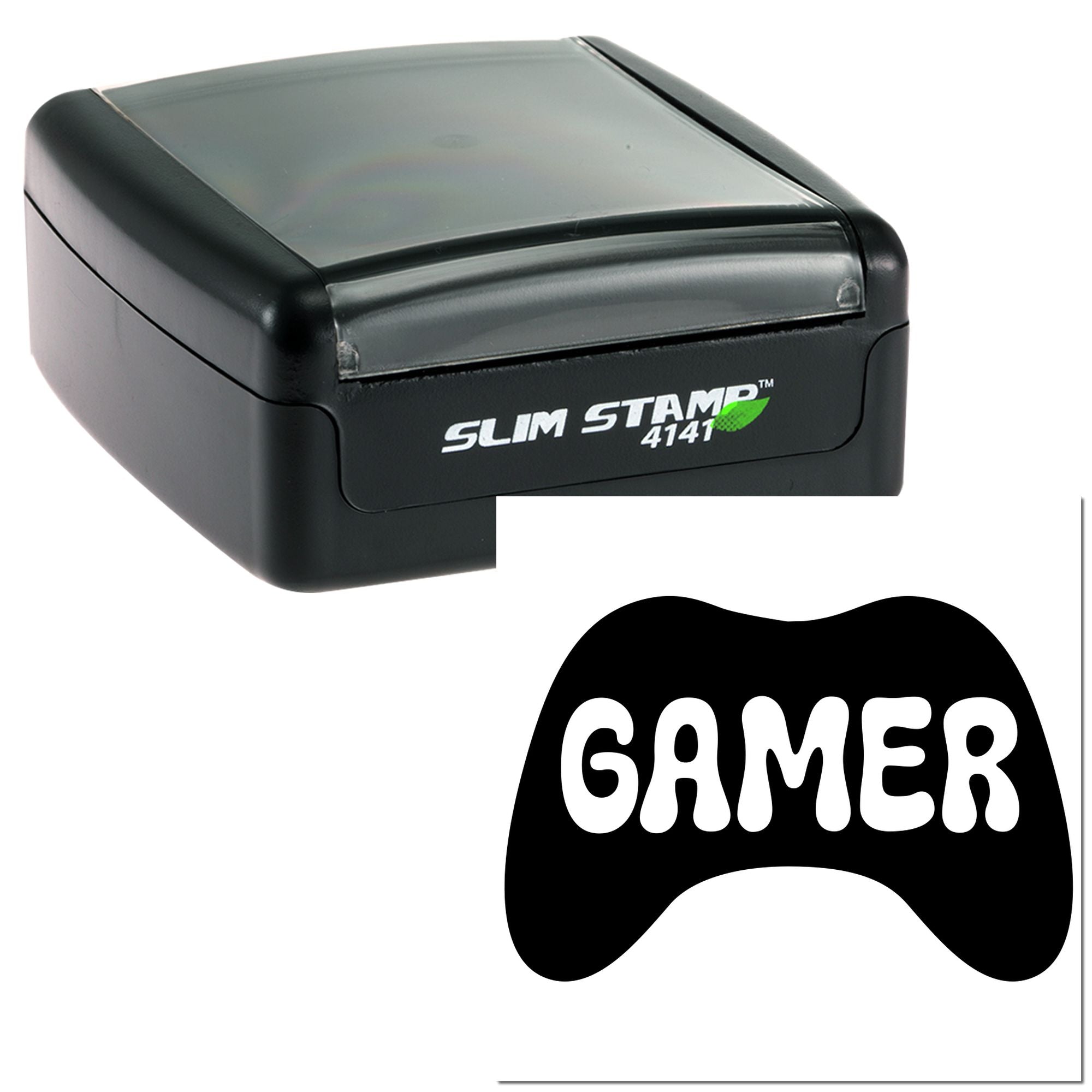 Slim Stamp 4141 self-inking rubber stamp with custom gamer logo imprint and game controller design.