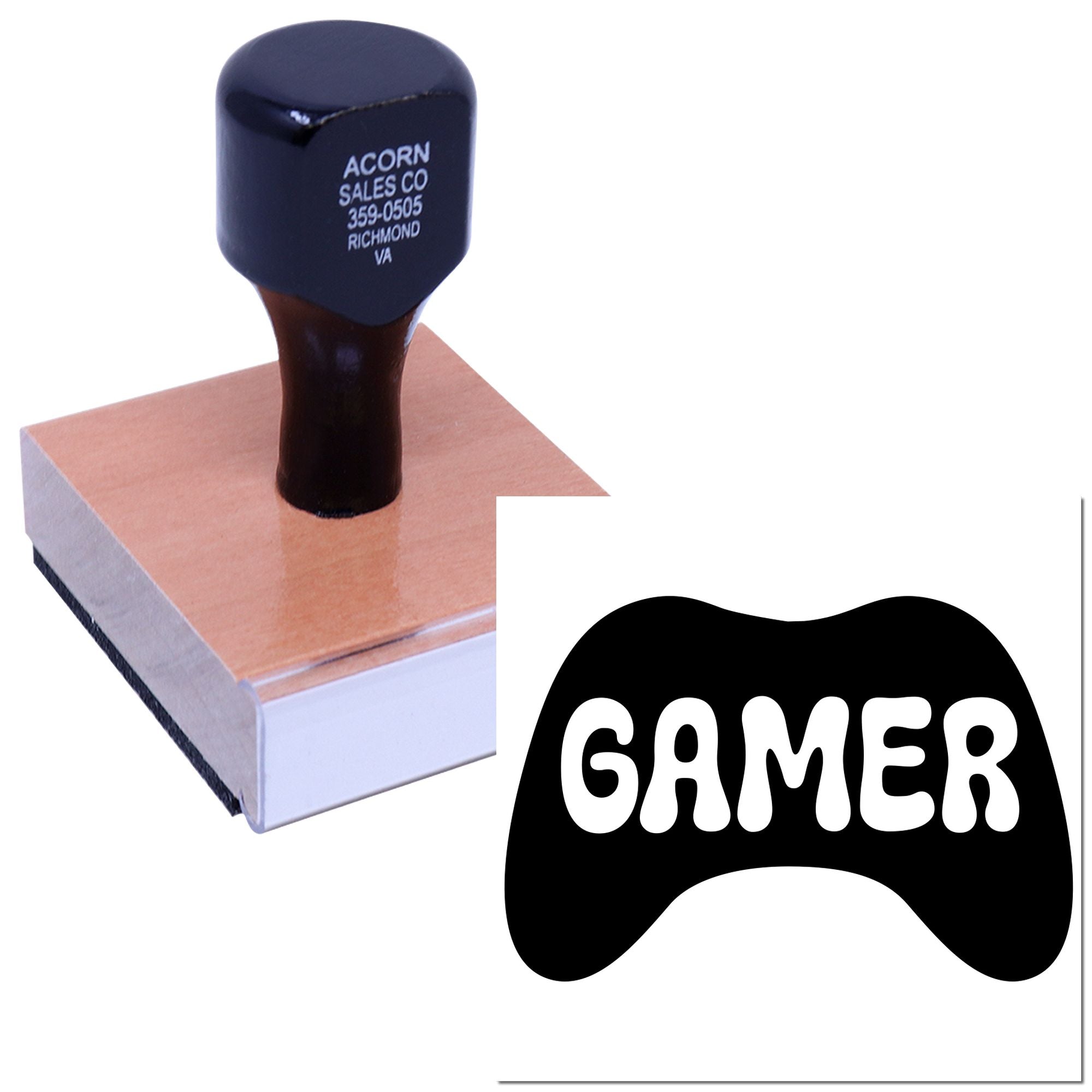 Custom gamer rubber stamp with game controller logo for esports branding, packaging, and gaming-themed projects.