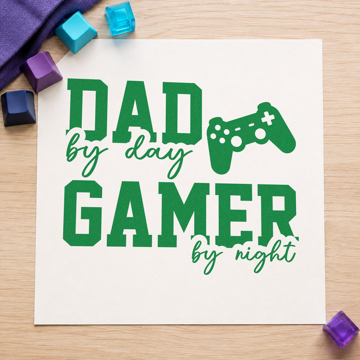 Dad Day Gamer Night craft stamp in green ink on cardstock, an easy option for play together album page.