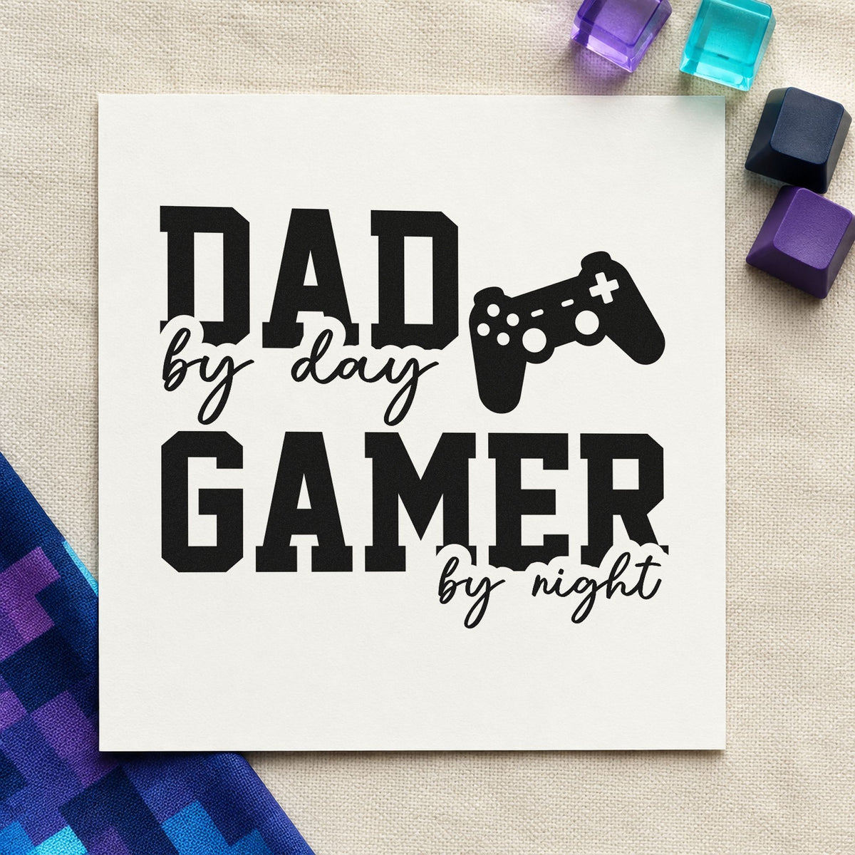 Dad Day Gamer Night rubber stamp printed in black ink, ready for co op night sheet and similar paper crafts.