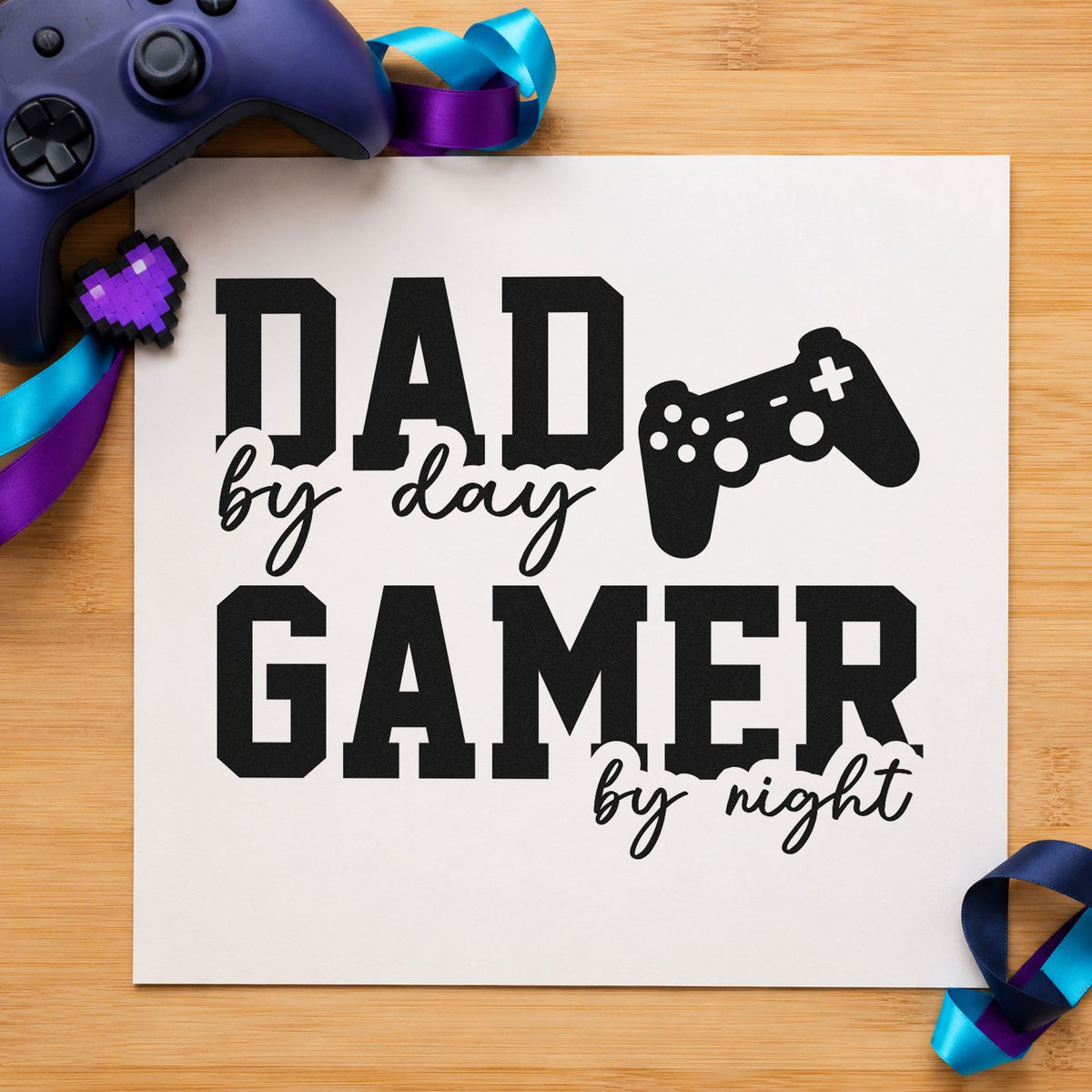 Dad Day Gamer Night rubber stamp printed in black ink, ready for side controller cards and similar paper crafts.