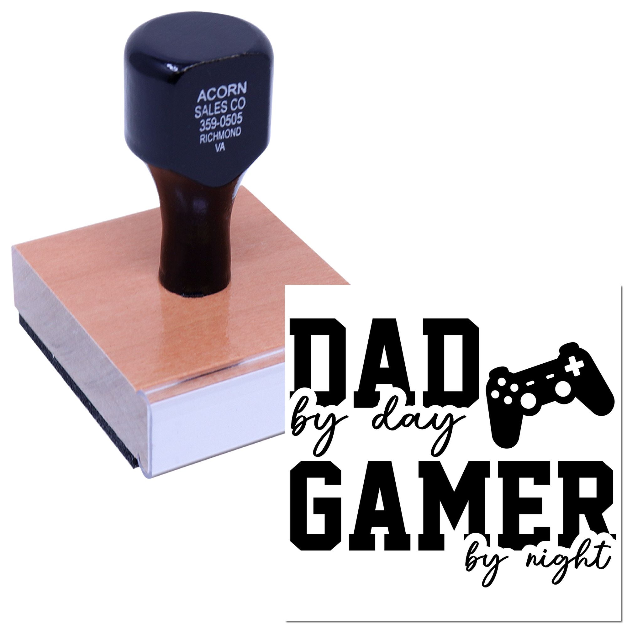 Custom rubber stamp with Dad by day, gamer by night design and game controller icon for personalized gift stamping.