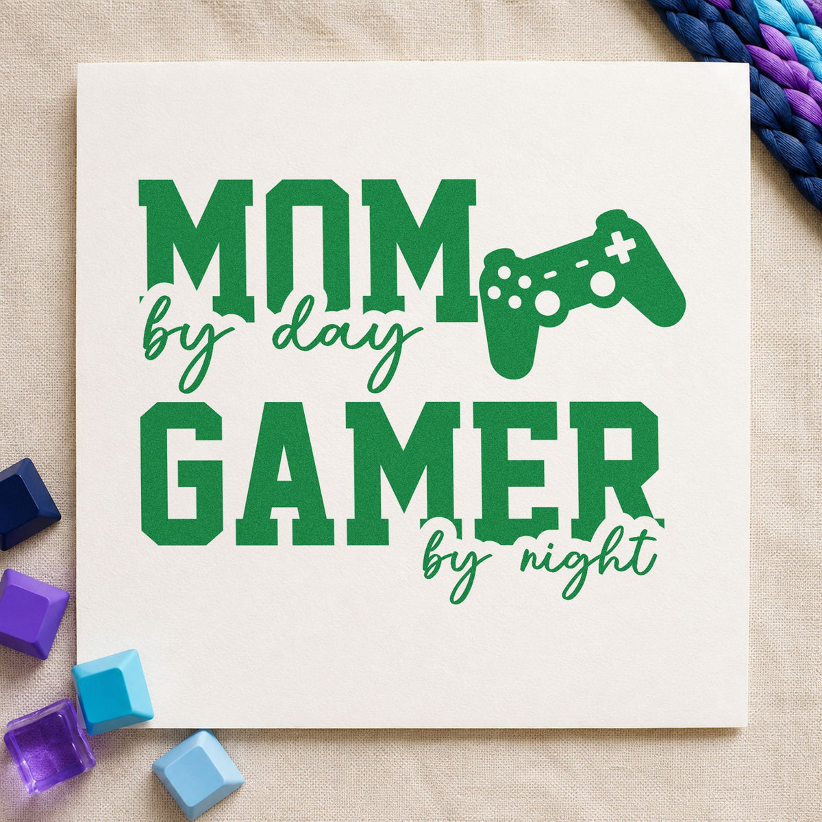 Mom Day Gamer Night craft stamp in green ink on cardstock, an easy option for play year album page.