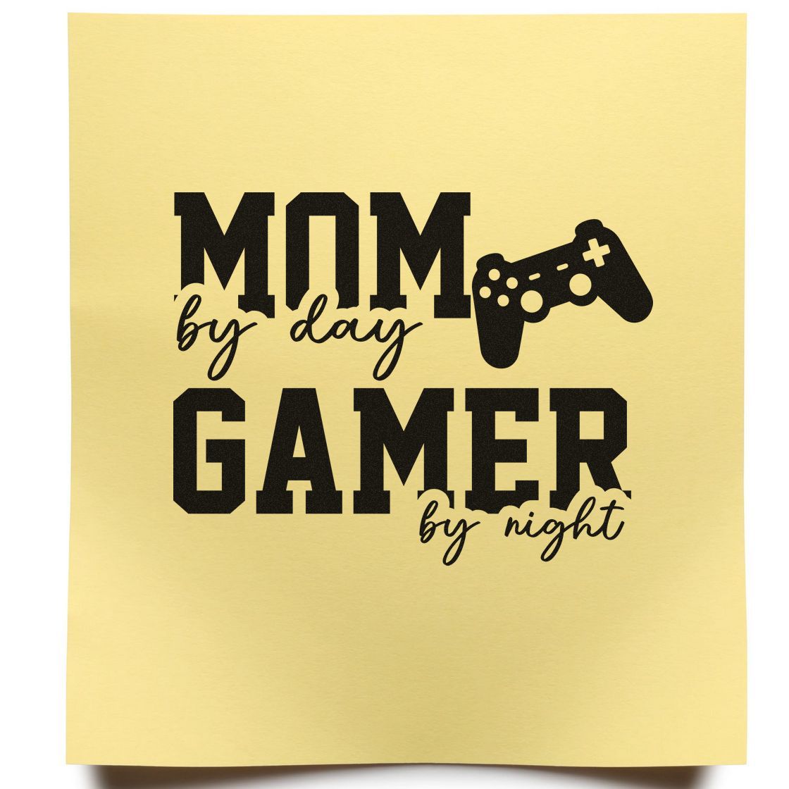 Mom by day, gamer by night rubber stamp design with controller icon, ideal for gamer mom gifts, cards, and crafts.