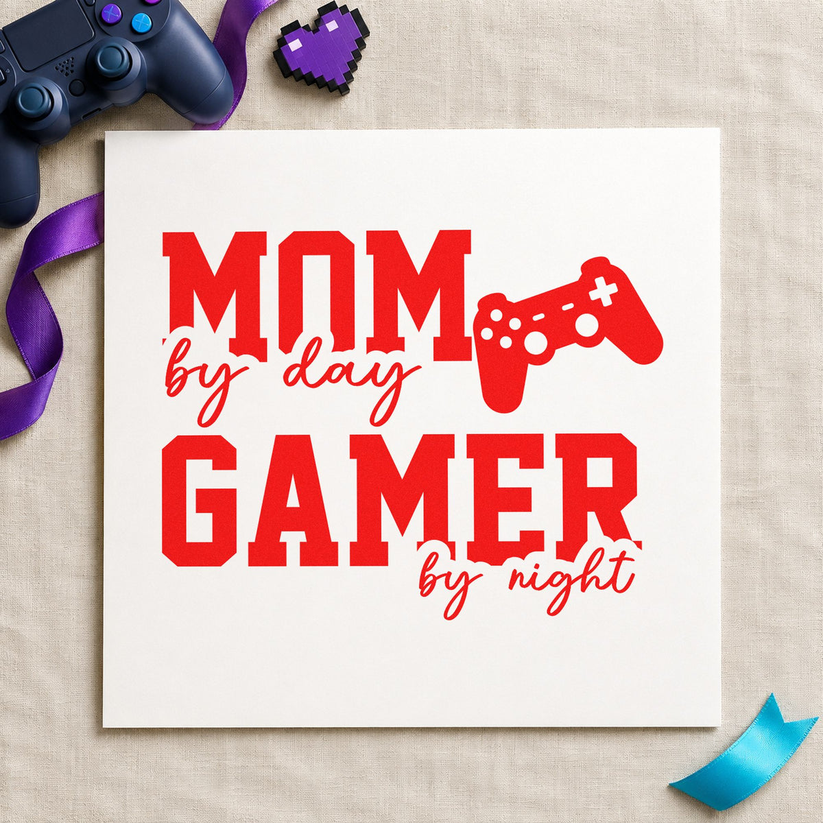 Mom Day Gamer Night rubber stamp shown in red ink, stamped for projects such as bin console labels.