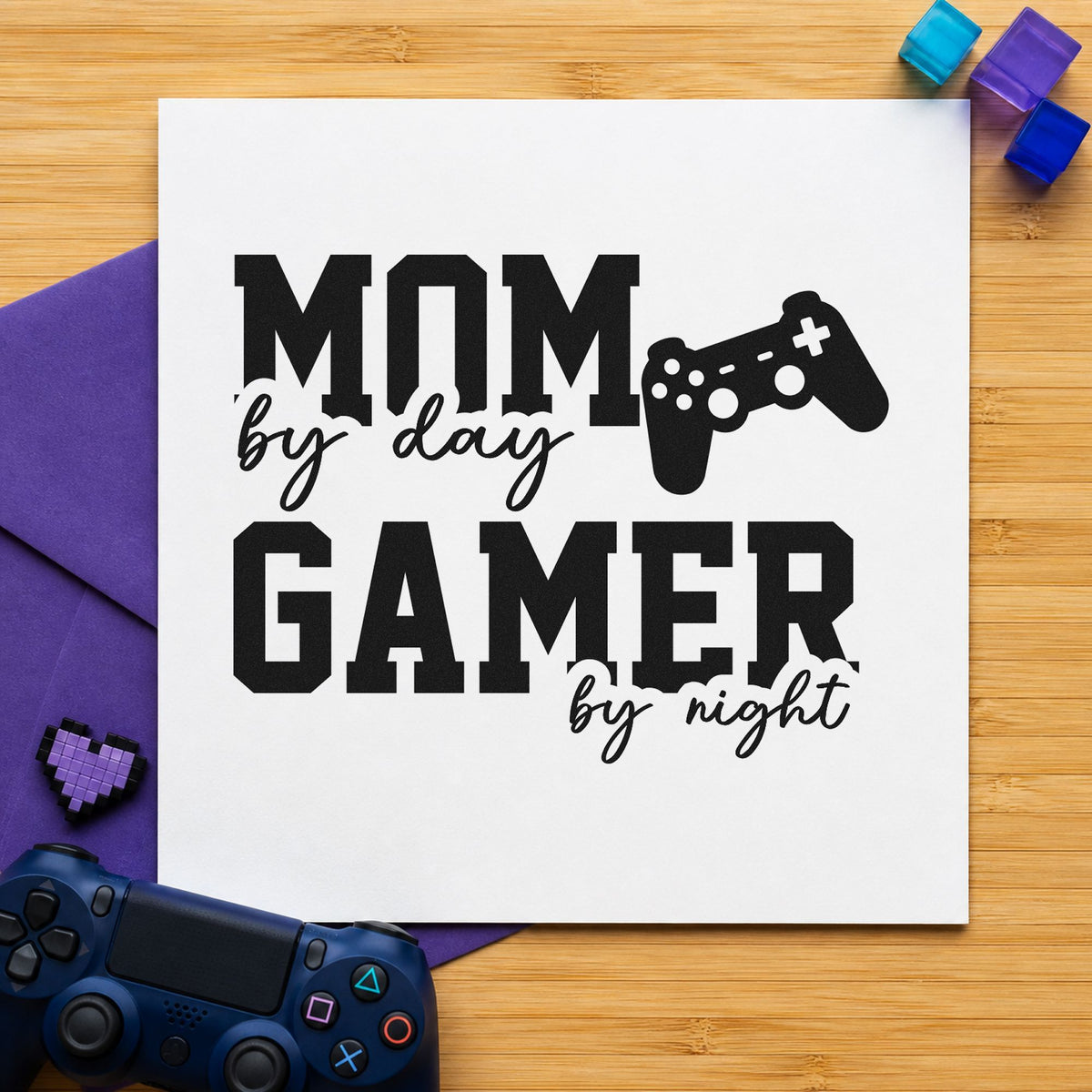 Mom Day Gamer Night rubber stamp printed in black ink, ready for beside controller cards and similar paper crafts.
