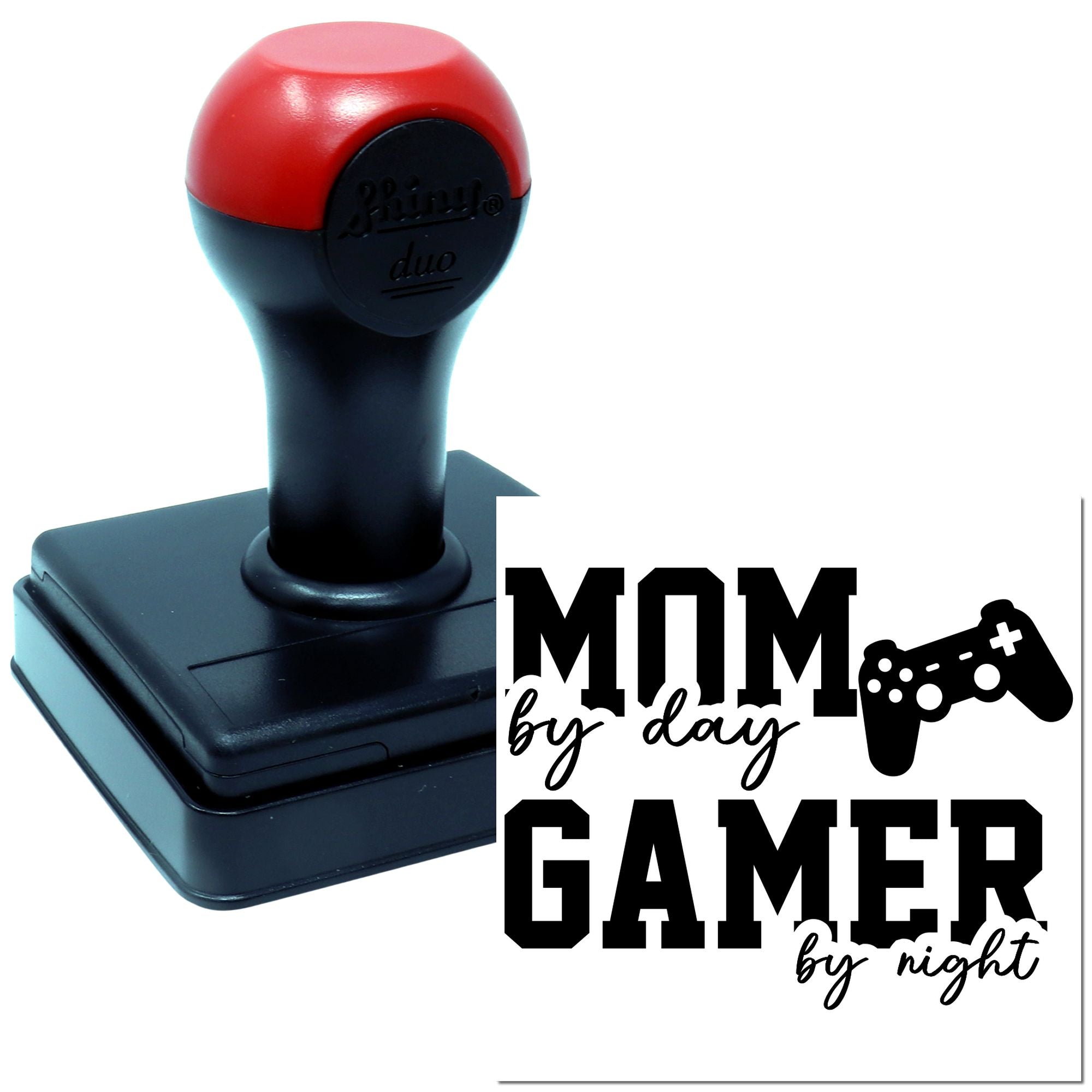 Personalized self-inking rubber stamp design reading Mom by day, Gamer by night with video game controller icon.