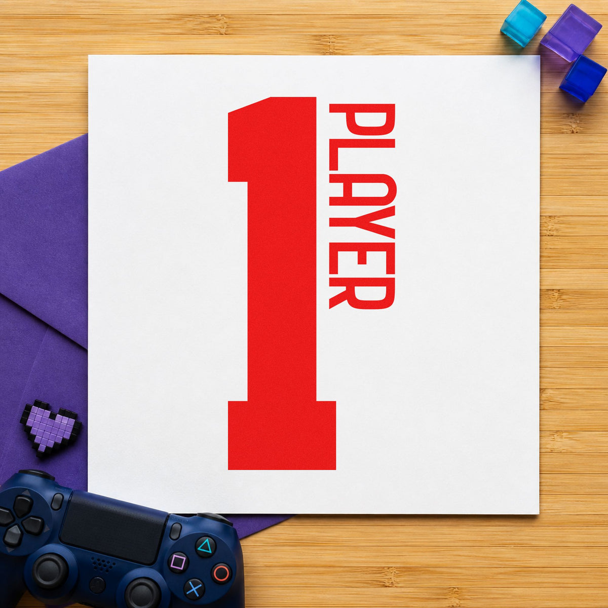 Player One Bold Number craft stamp imprint in red ink on a handmade project, one idea being house rule cards.