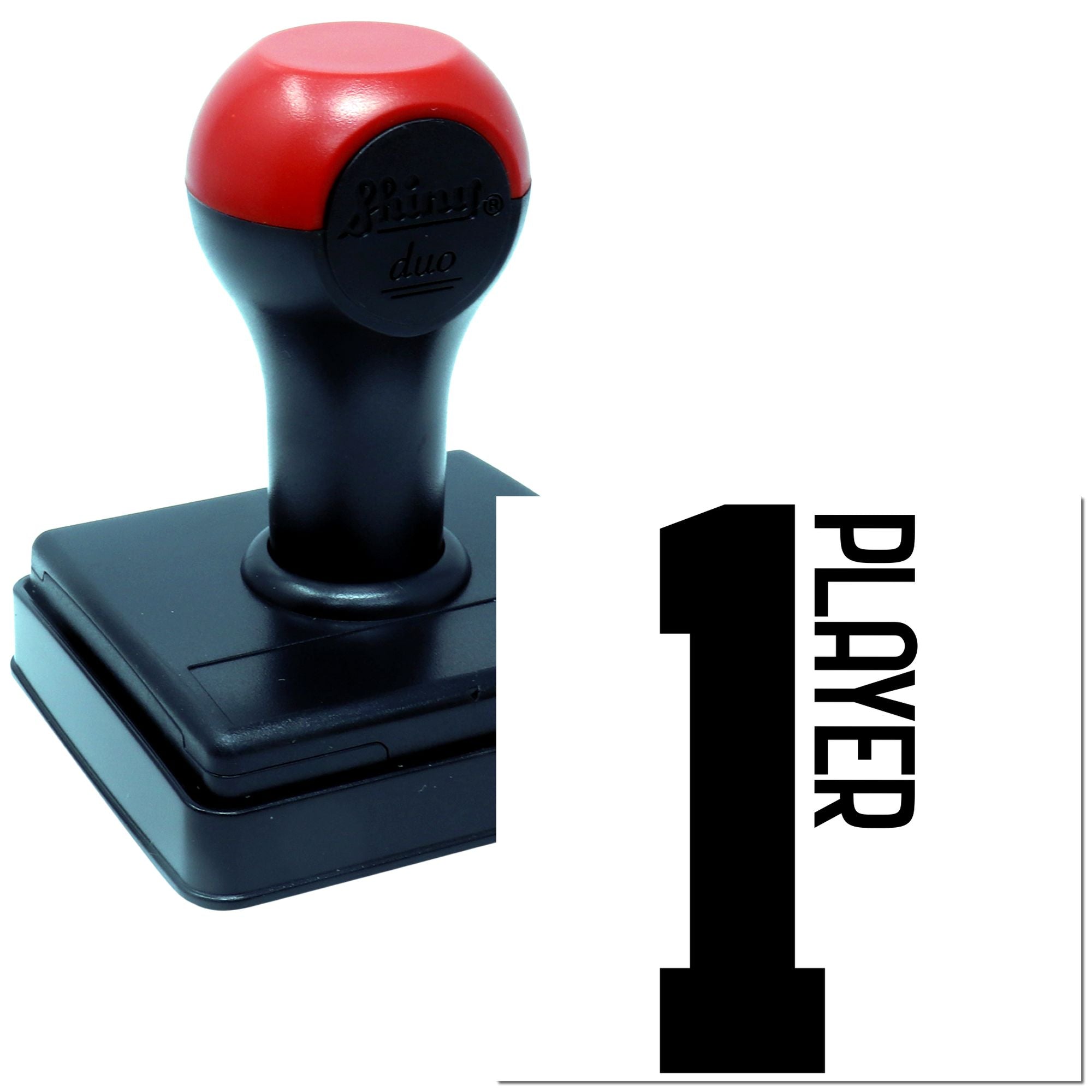 Self-inking rubber stamp with red and black handle, featuring a large Player 1 design for custom game or office marking.