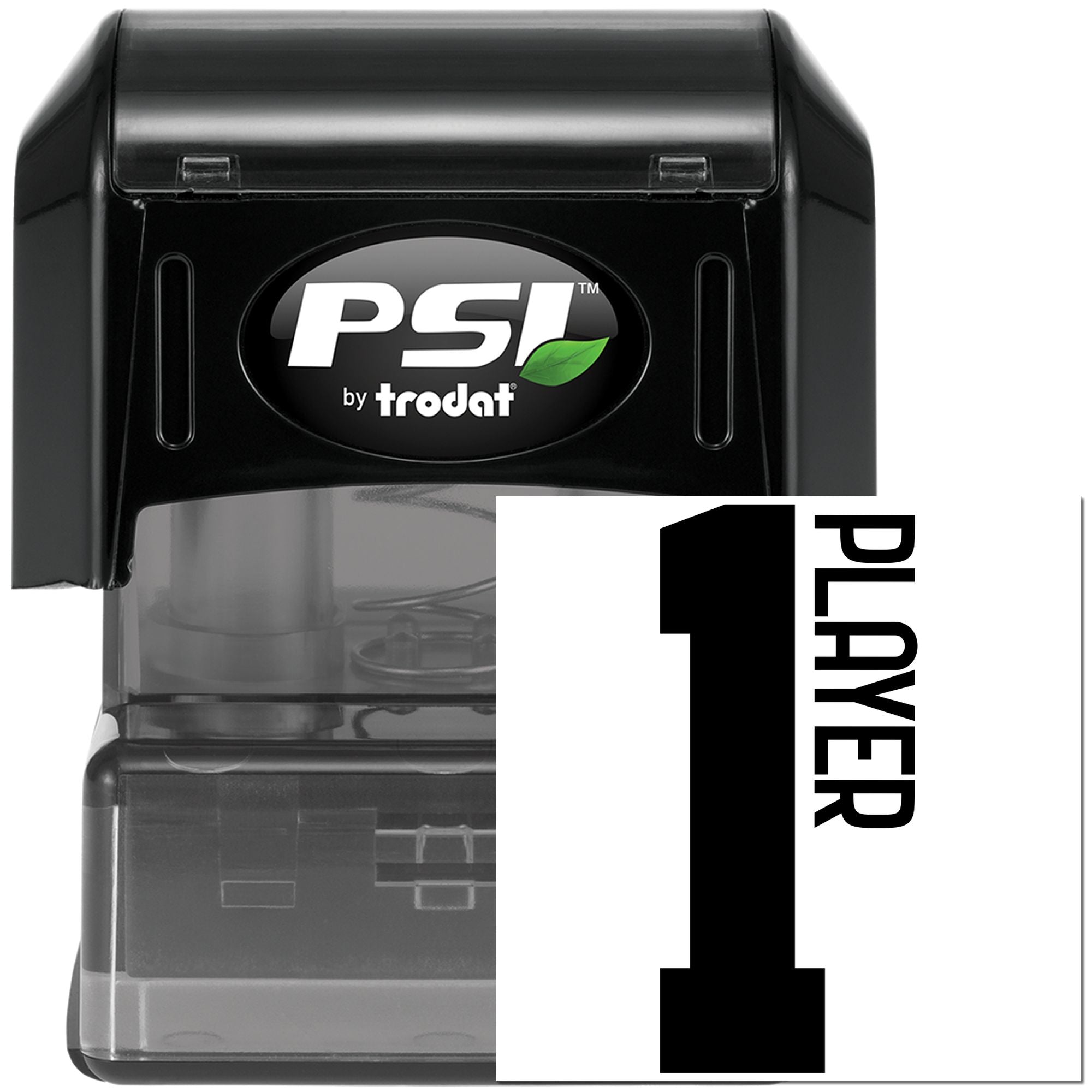PSI by Trodat self-inking rubber stamp with 1 PLAYER imprint for game scoring and labeling.