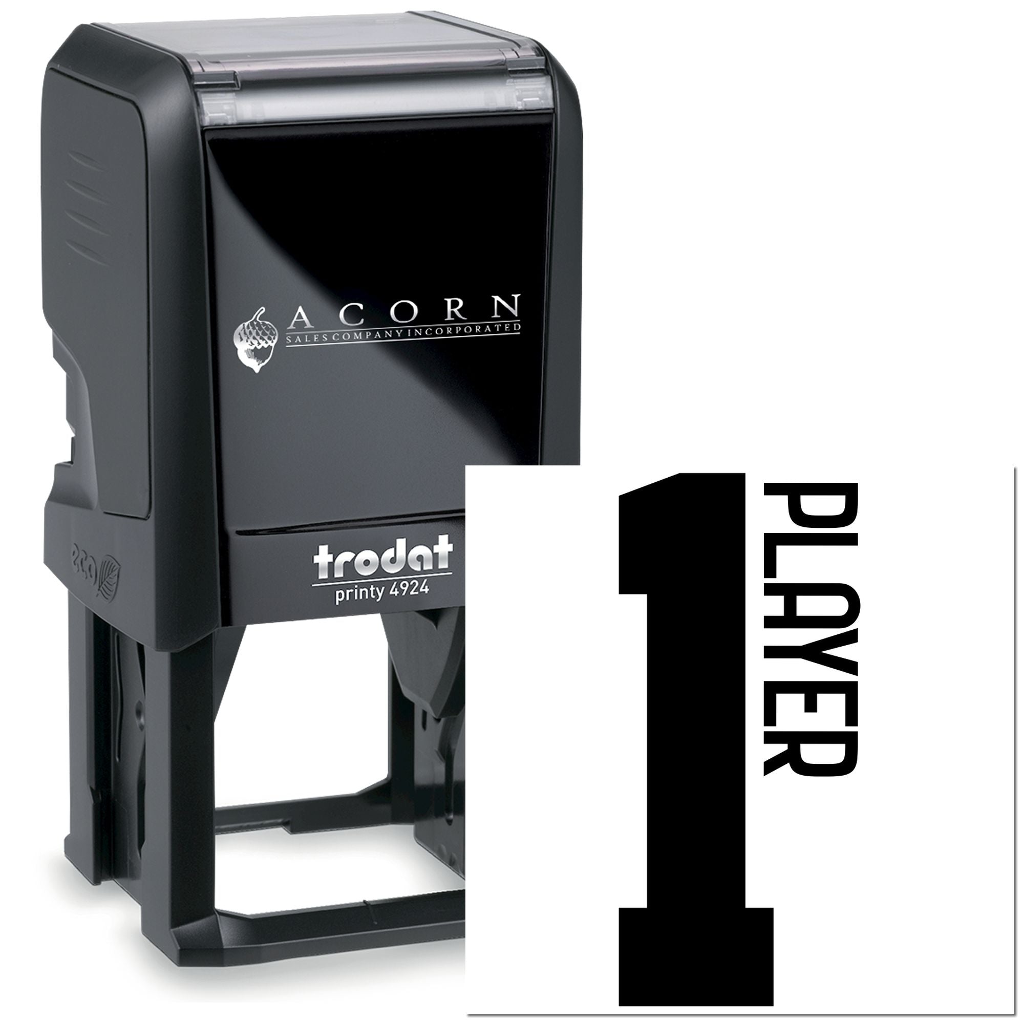 Custom Trodat Printy 4924 self-inking rubber stamp for business logos and branding, black custom imprint.
