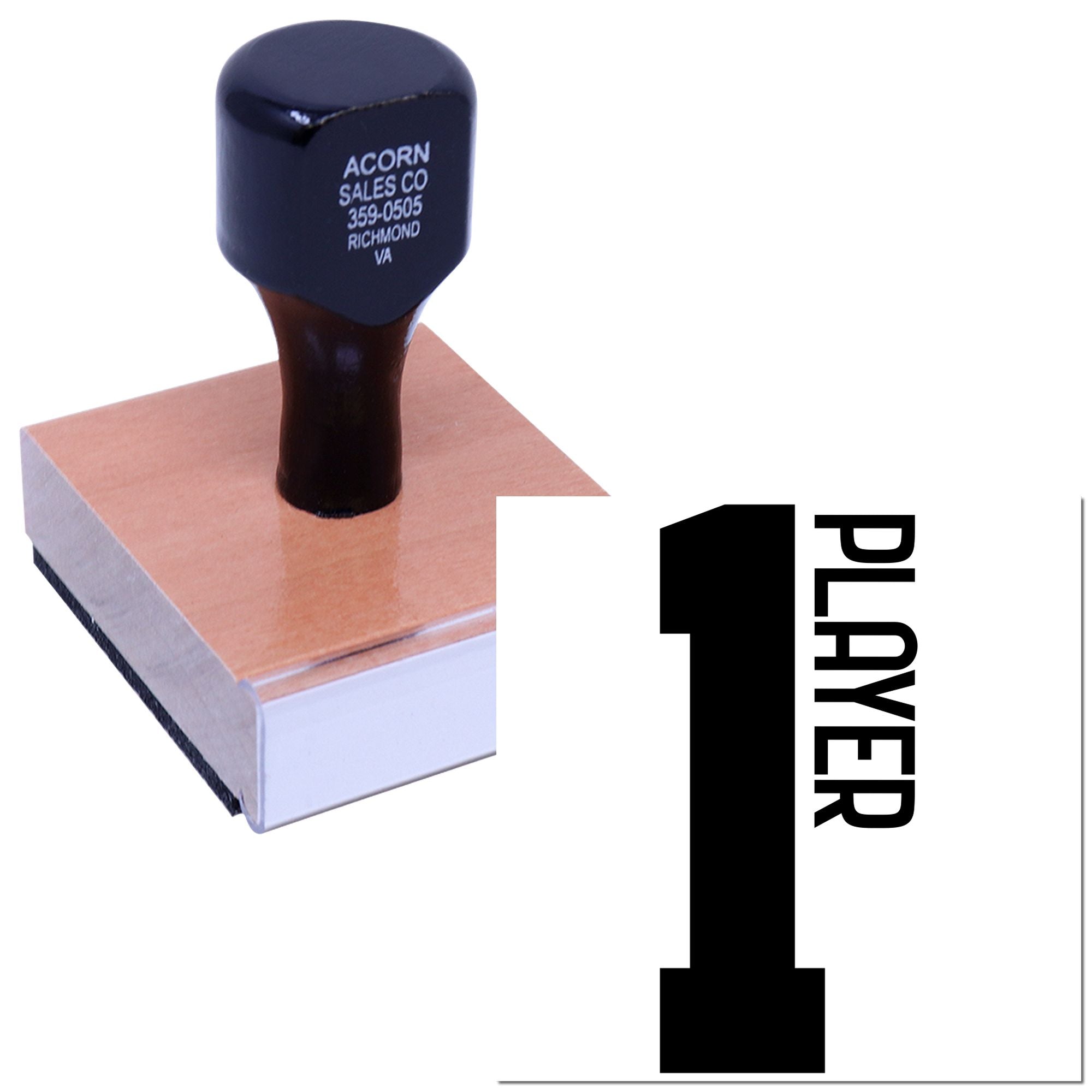 Custom rubber stamp with Player 1 logo for branding, packaging, and business marking.
