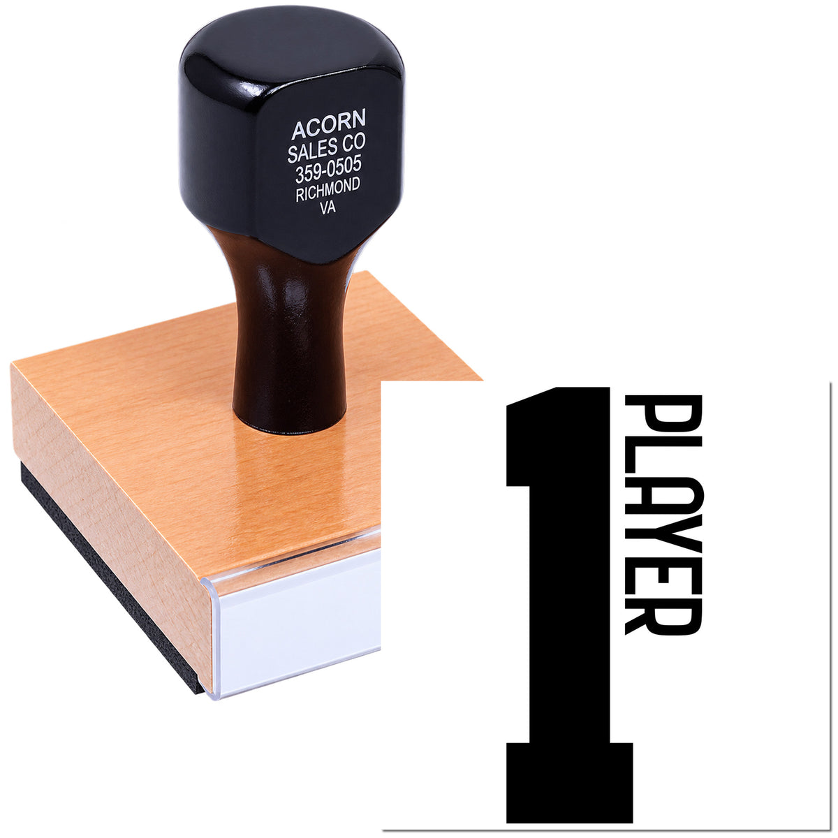 Custom rubber stamp with Player 1 logo for branding, packaging, and business marking.