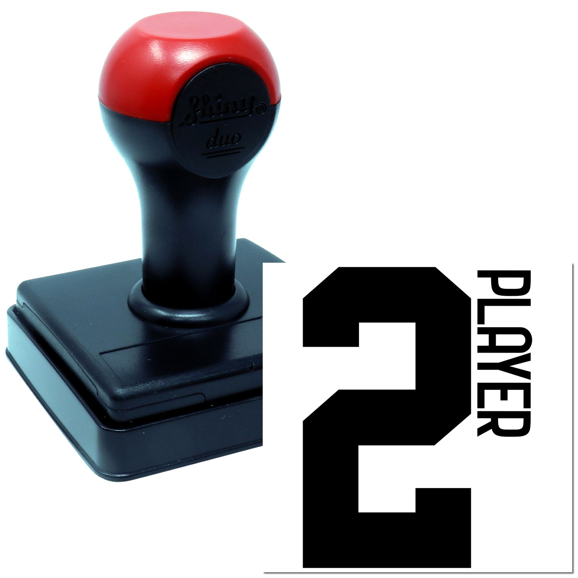 Self-inking rubber stamp for Player 2 with bold number 2 and black-red handle, ideal for custom office marking.