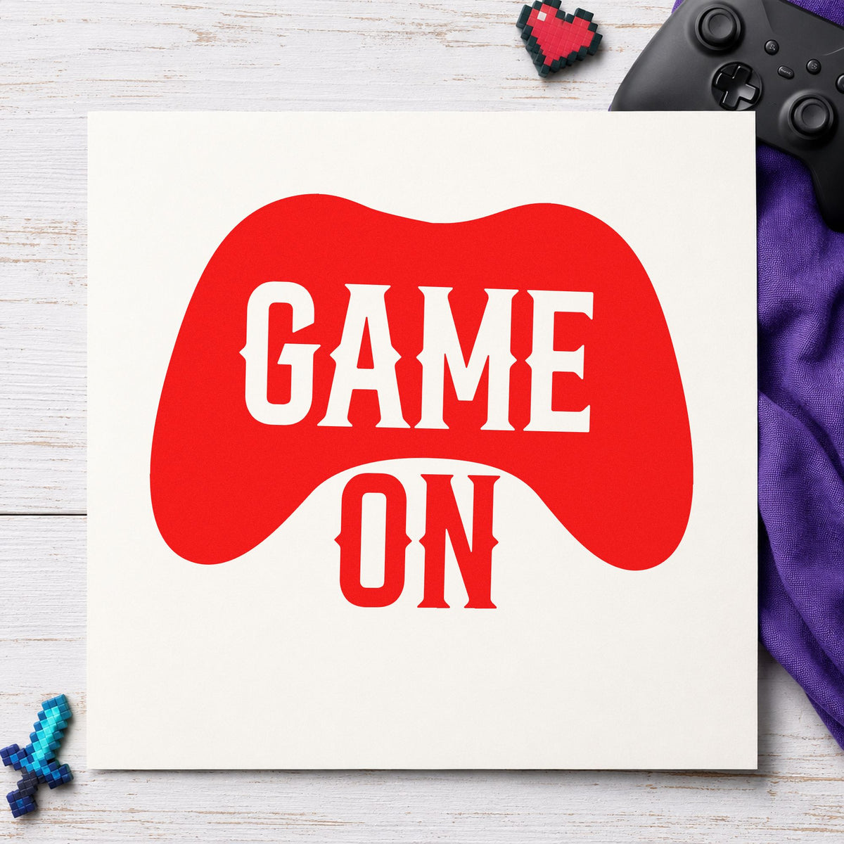 Game On Controller Silhouette craft stamp imprint in red ink on a handmade project, one idea being sign up cards.