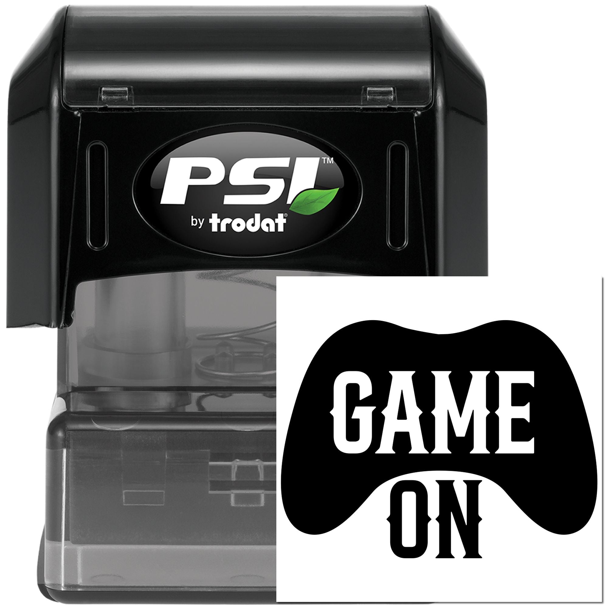 PSI by Trodat self-inking rubber stamp with Game On imprint for sports, gaming, and event promotions.