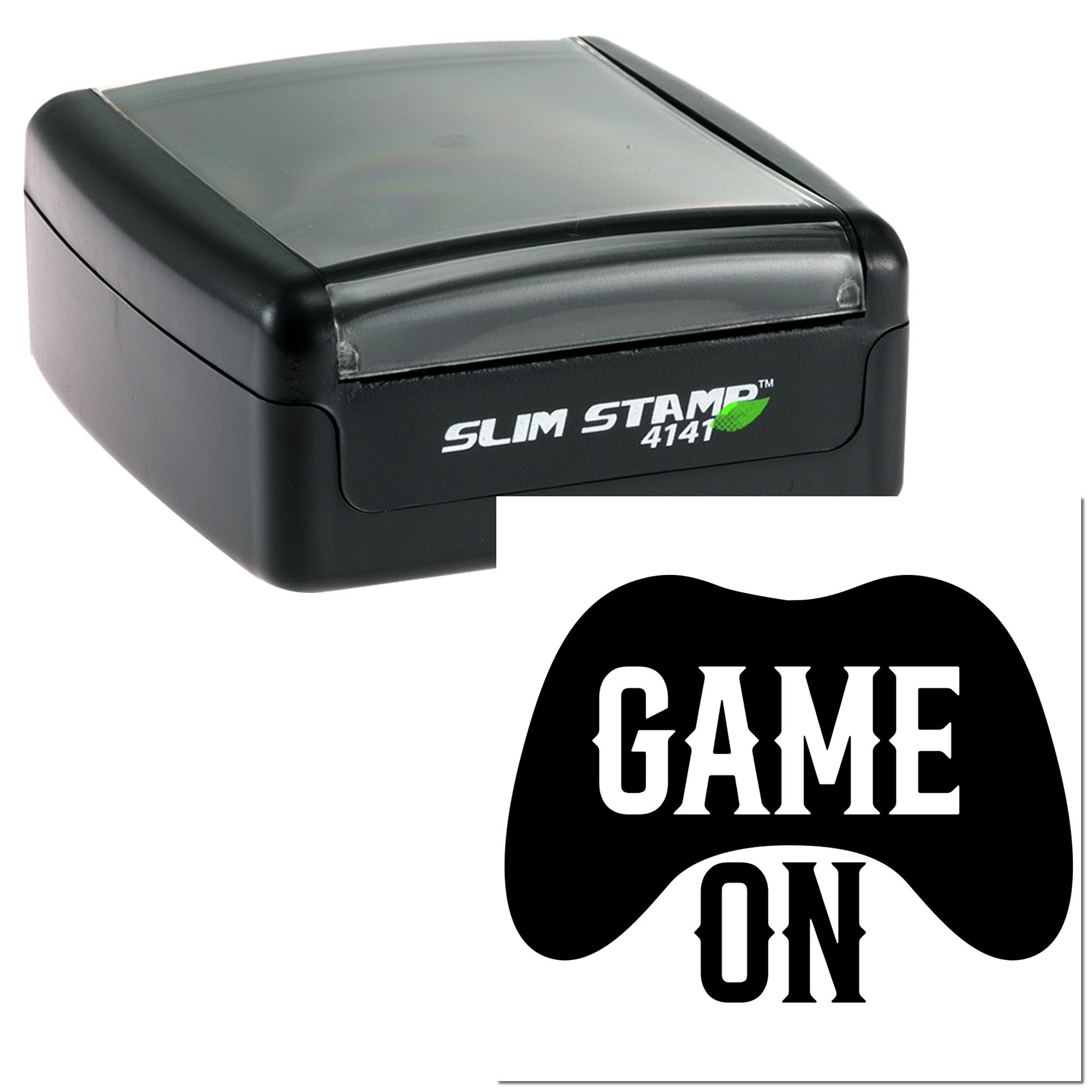 Game On custom self-inking rubber stamp with bold black imprint for sports events, invitations, or gamer-themed branding.