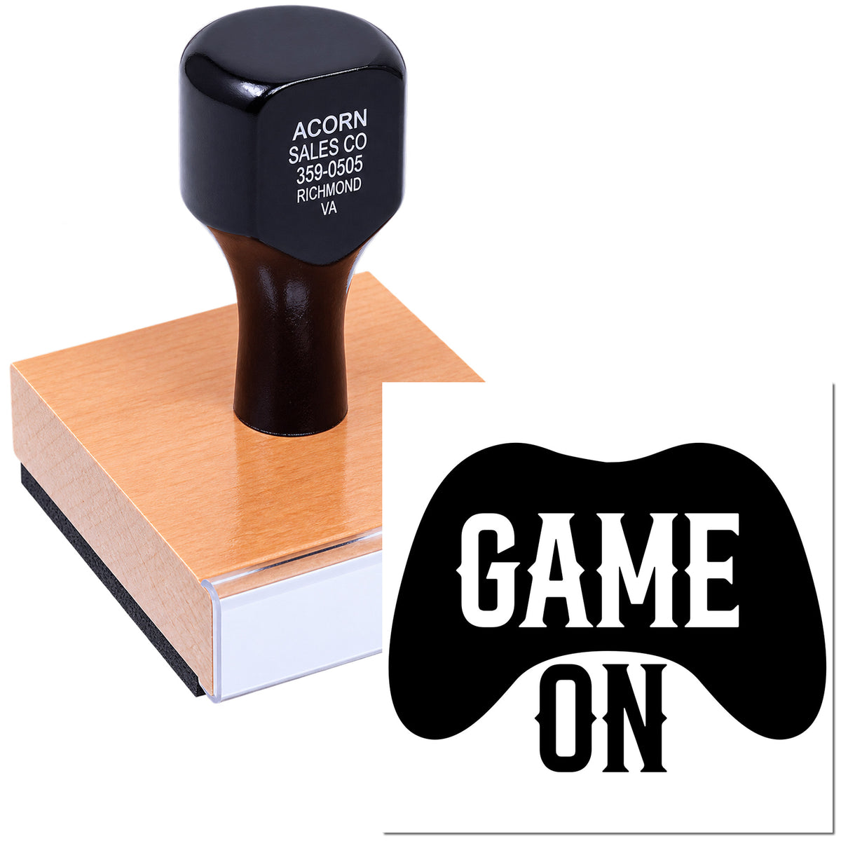 Wood-mounted custom rubber stamp with Game On game controller design for branding, packaging, and promotions.