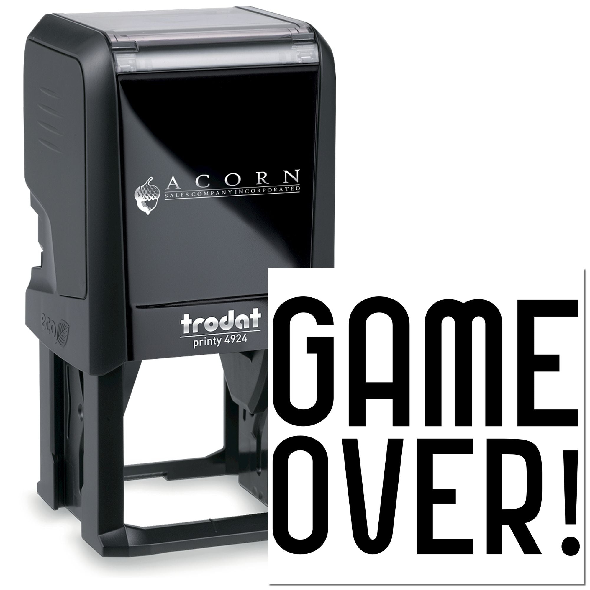 Custom self-inking rubber stamp with bold Game Over! imprint for gaming-themed office or classroom use.