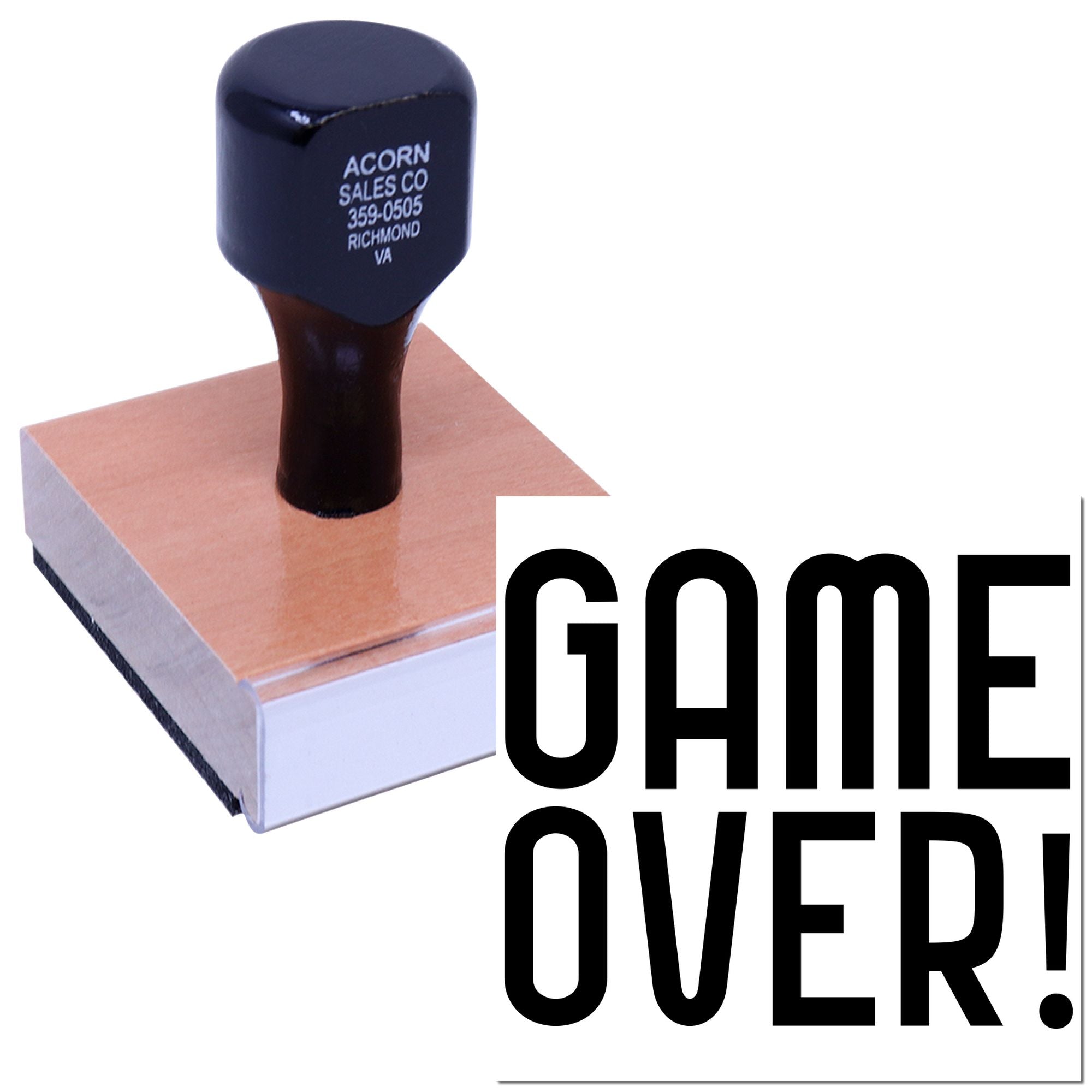 Custom Game Over rubber stamp with bold GAME OVER! text for crafts, events, and novelty stamping