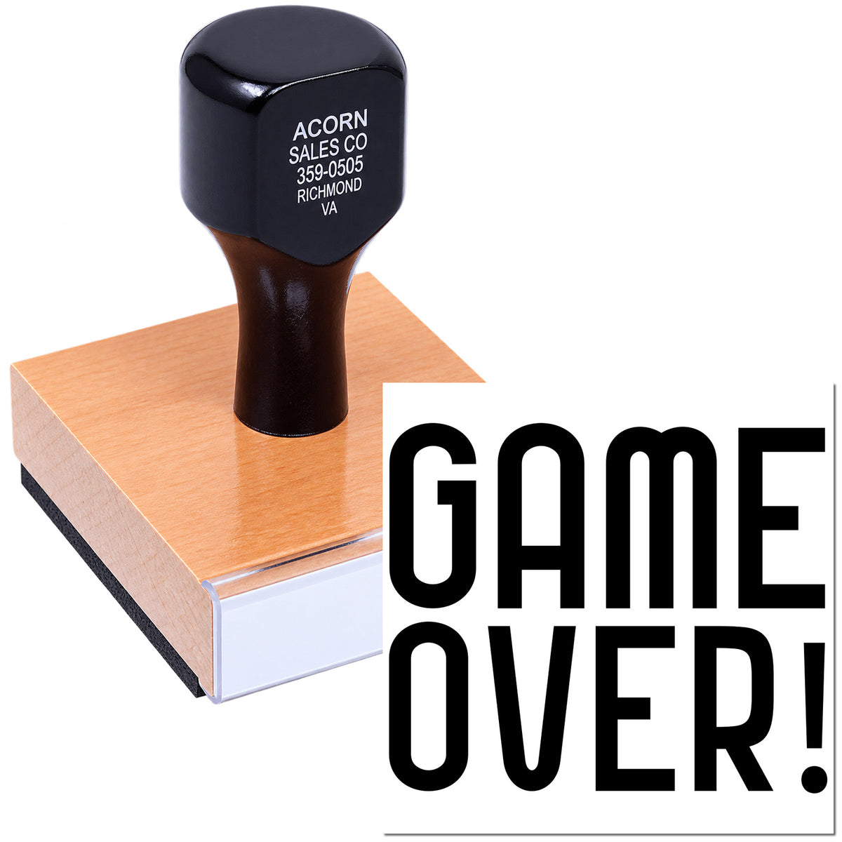 Custom Game Over rubber stamp with bold GAME OVER! text for crafts, events, and novelty stamping