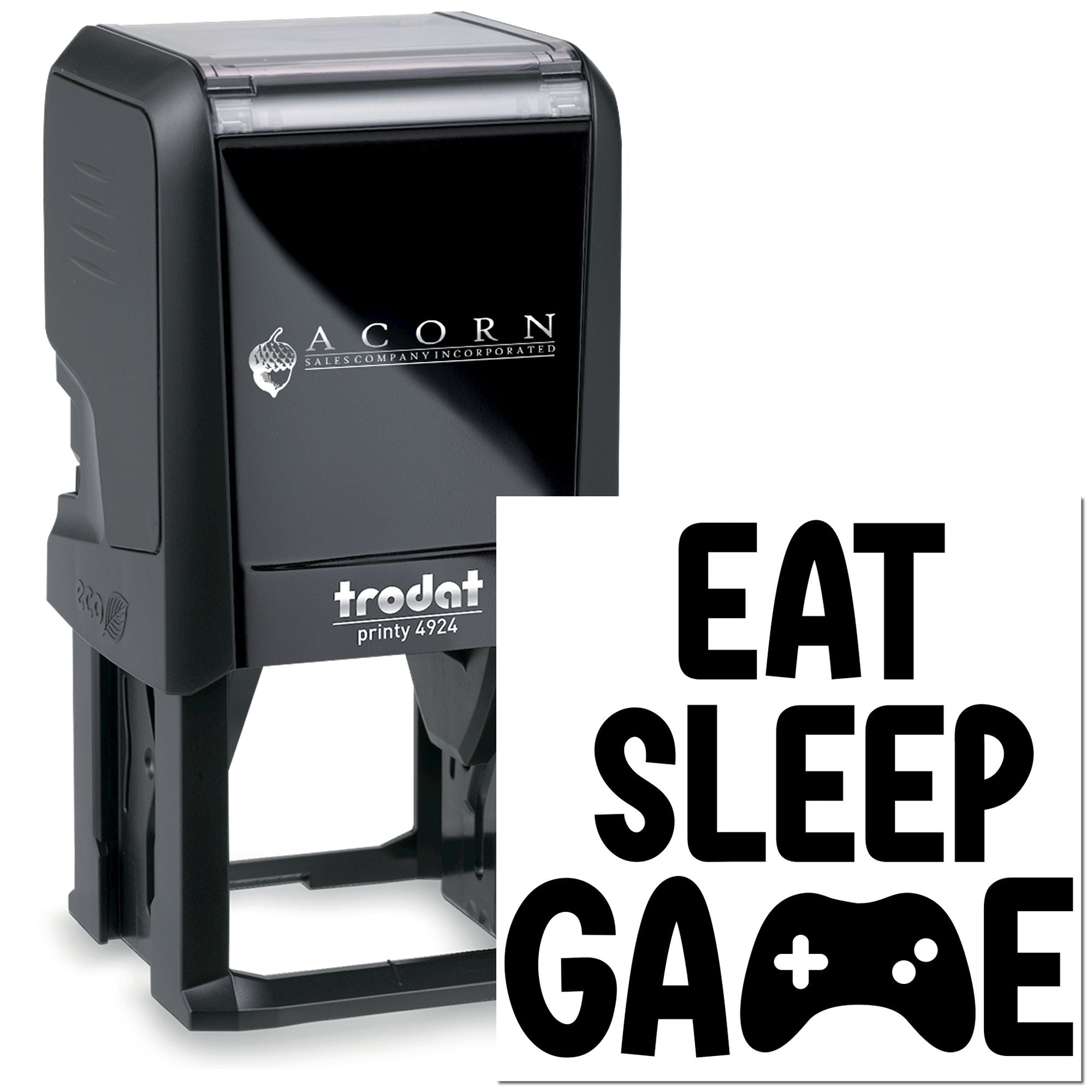 Custom self-inking rubber stamp with EAT SLEEP GAME design and controller icon, ideal for gamer-themed novelty stamping.