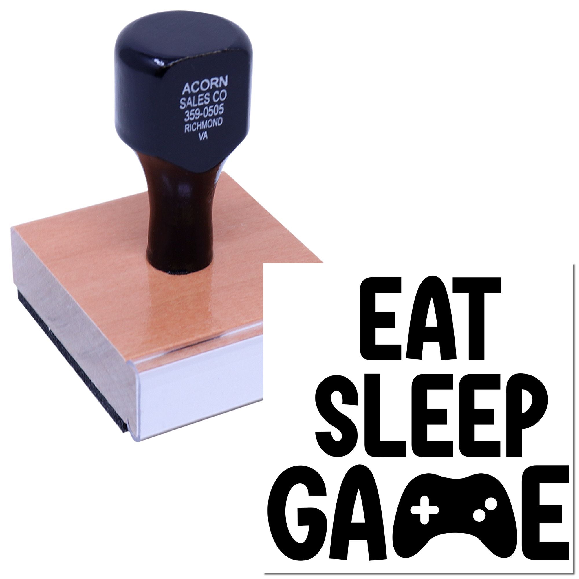 Custom rubber stamp with Eat Sleep Game design and game controller icon for gamer-themed business or craft use.