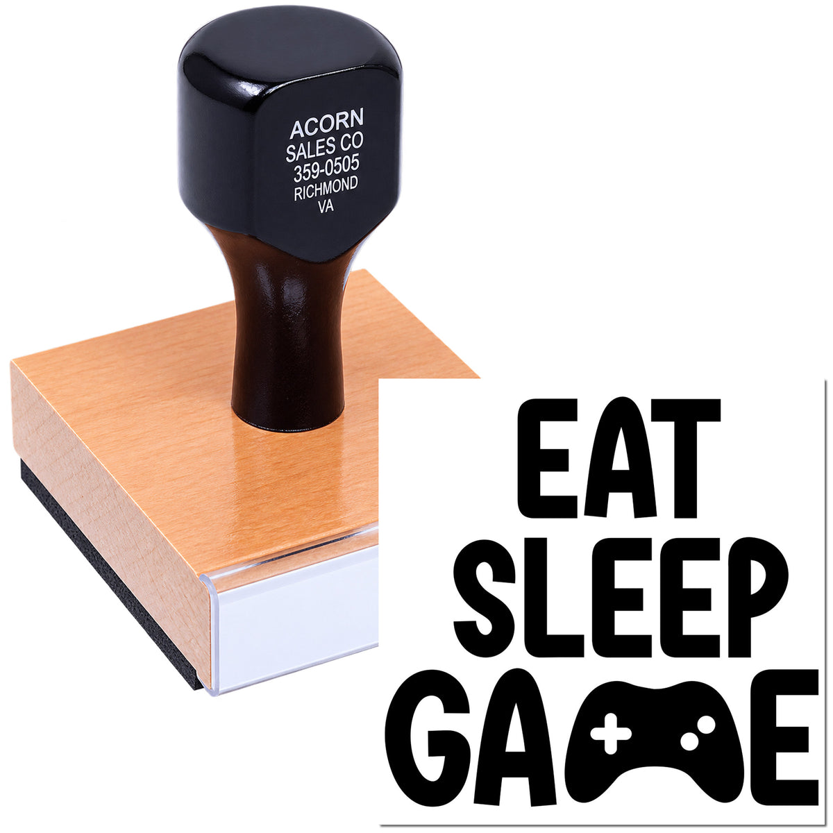 Custom rubber stamp with Eat Sleep Game design and game controller icon for gamer-themed business or craft use.