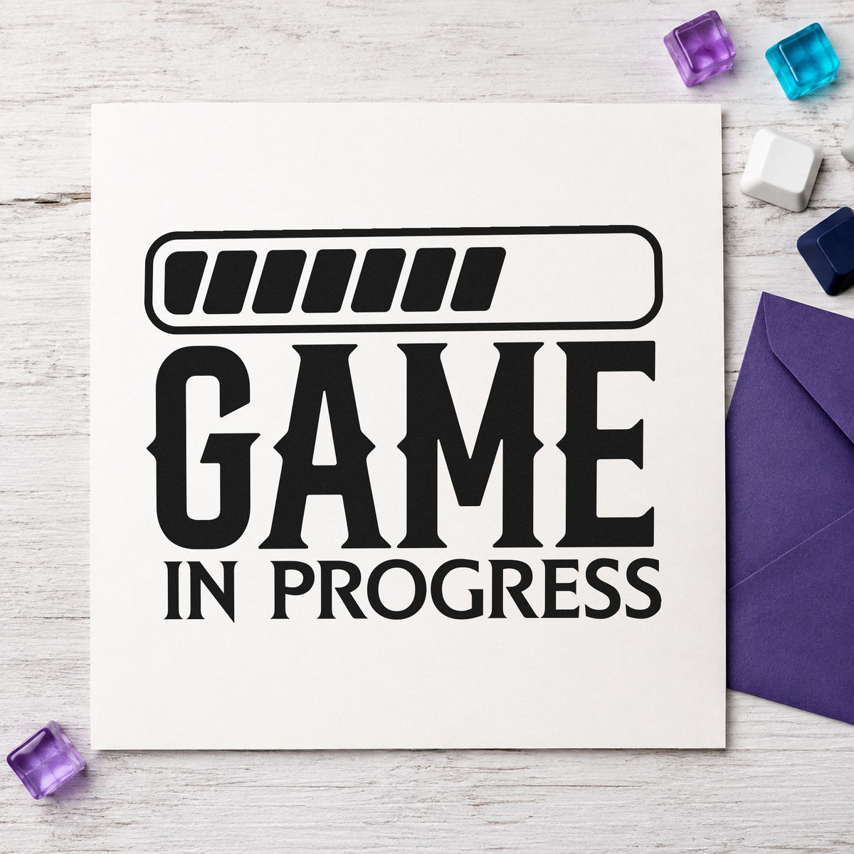 Game In Progress Loading craft stamp in black ink on cardstock, an easy option for party album page.