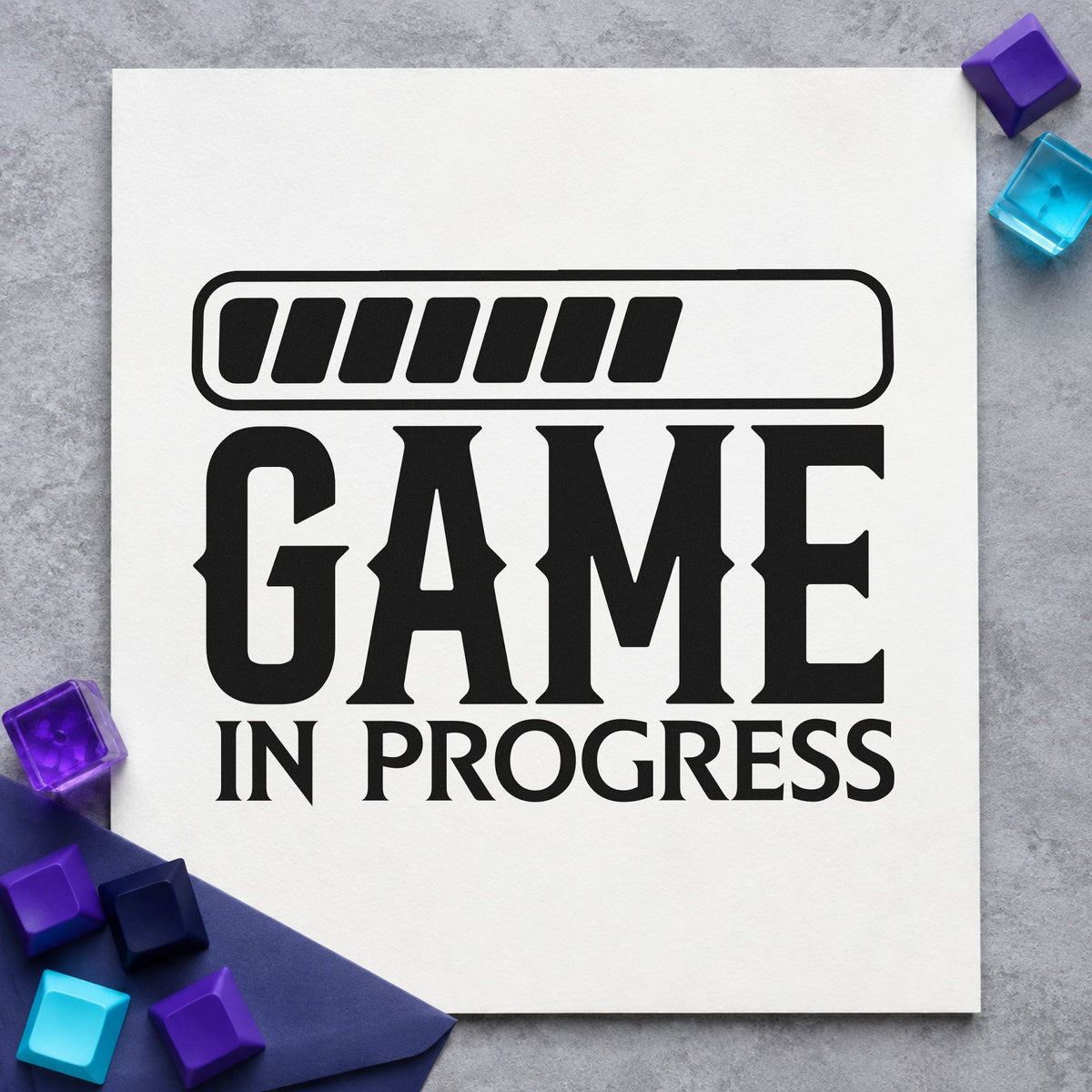 Game In Progress Loading rubber stamp printed in black ink, ready for seat plan sheet and similar paper crafts.