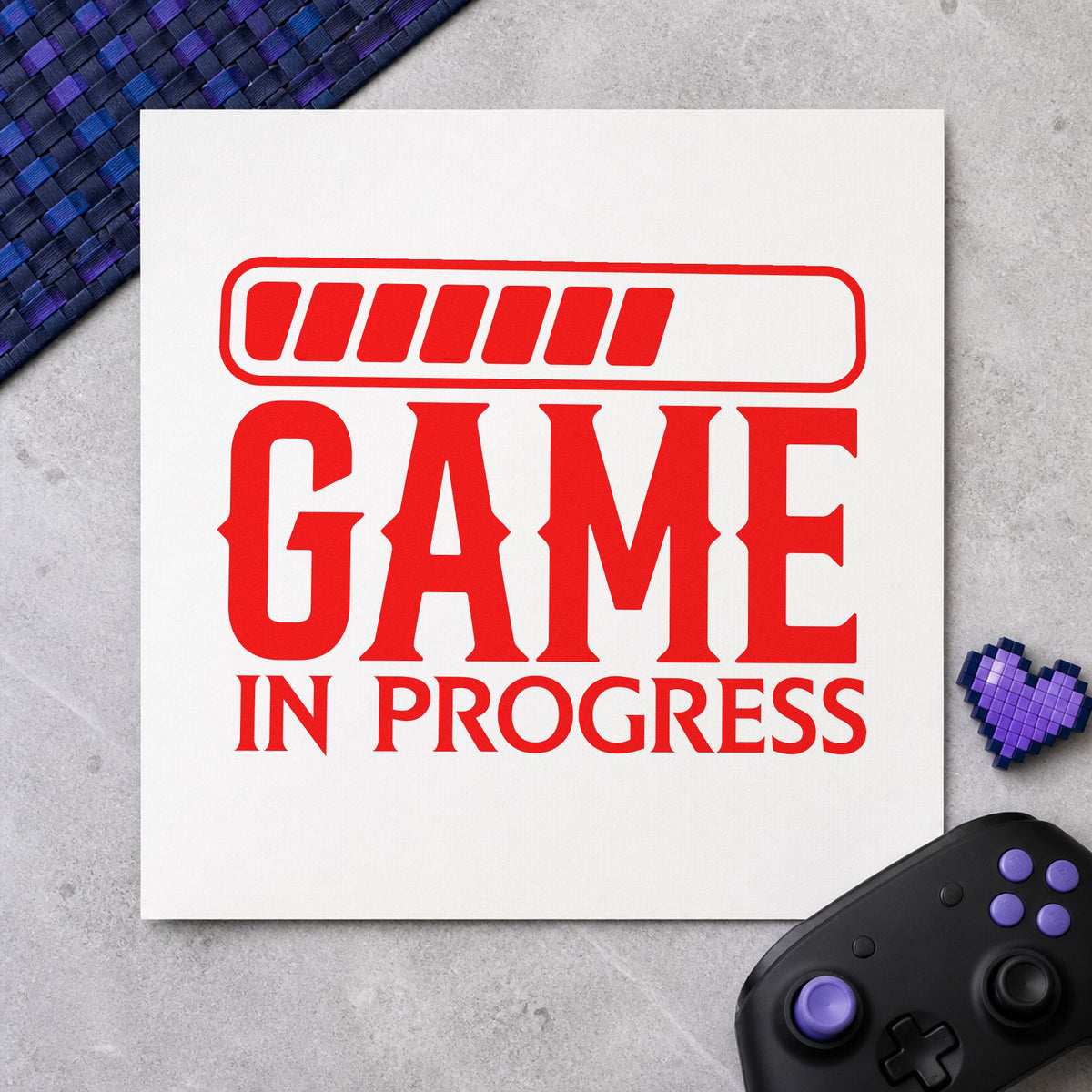 Game In Progress Loading rubber stamp shown in red ink, stamped for projects such as bin adapter labels.