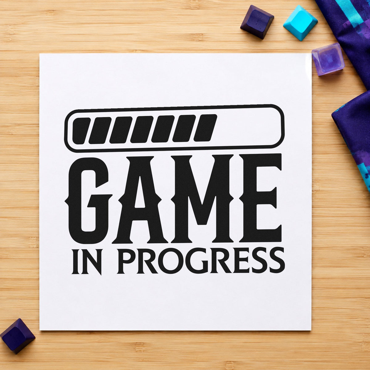 Game In Progress Loading rubber stamp printed in black ink, ready for loading bar cards and similar paper crafts.