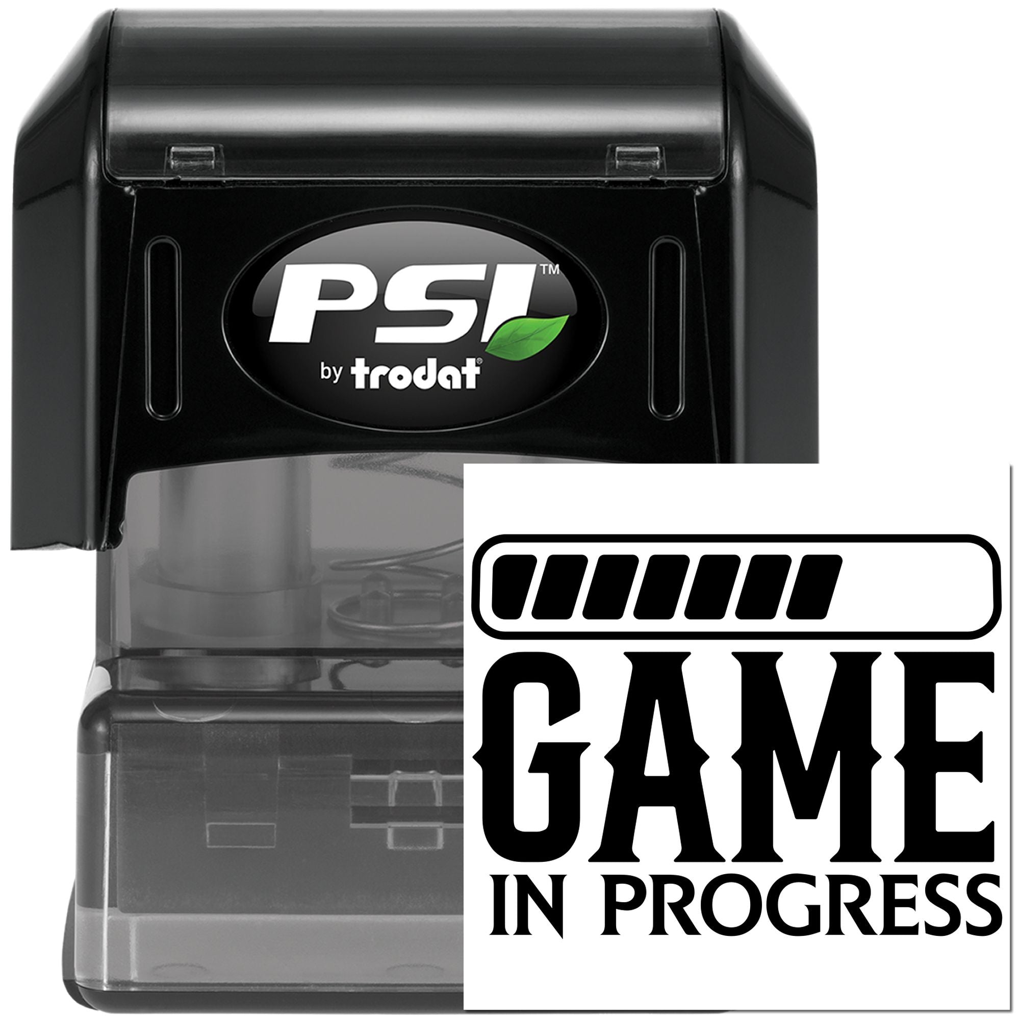PSI by Trodat self-inking rubber stamp with Game In Progress imprint for status marking and office use.