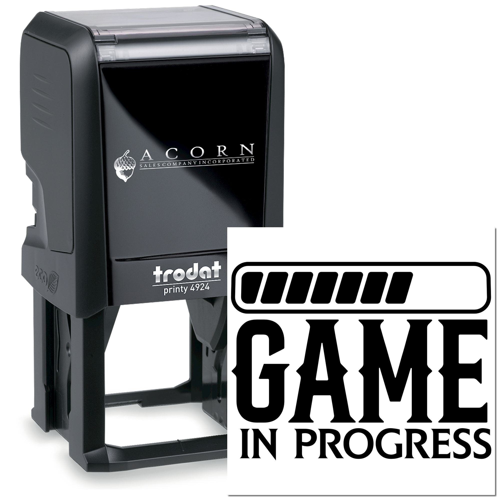 Custom self-inking rubber stamp for game in progress notices, featuring a personalized Trodat Printy 4924 logo stamp.