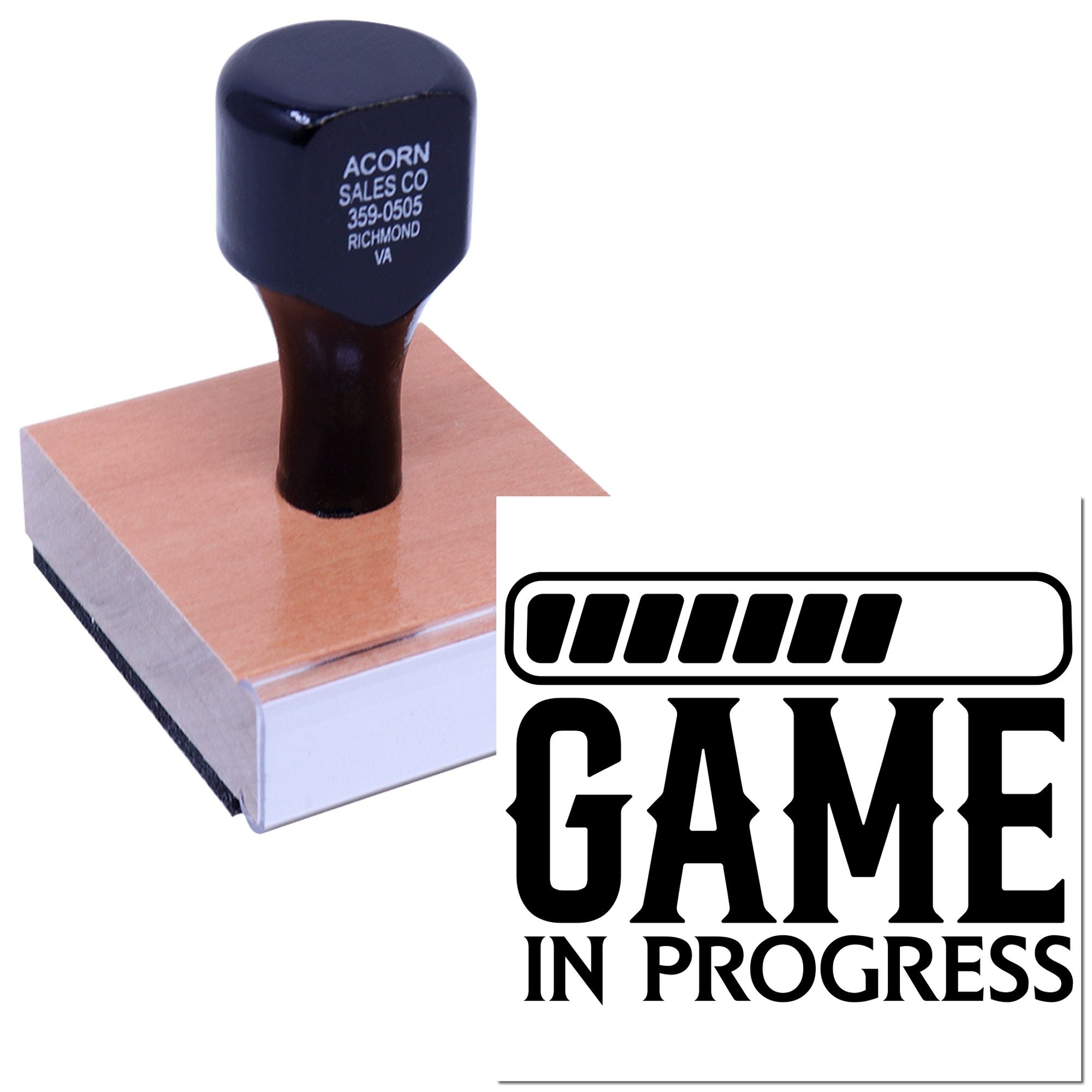 Custom rubber stamp with Game in Progress imprint for marking sports events, scorebooks, and game schedules.