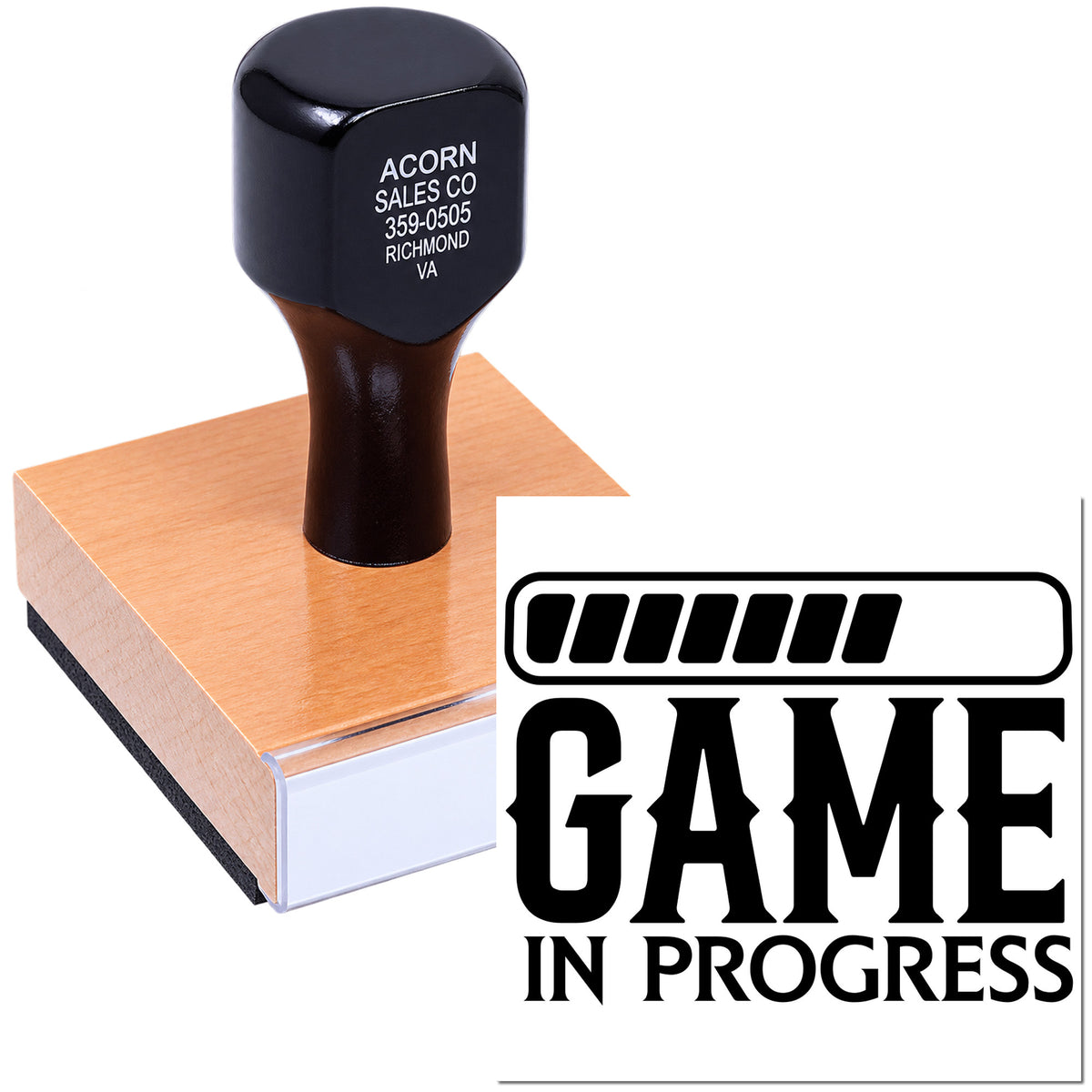 Custom rubber stamp with Game in Progress imprint for marking sports events, scorebooks, and game schedules.